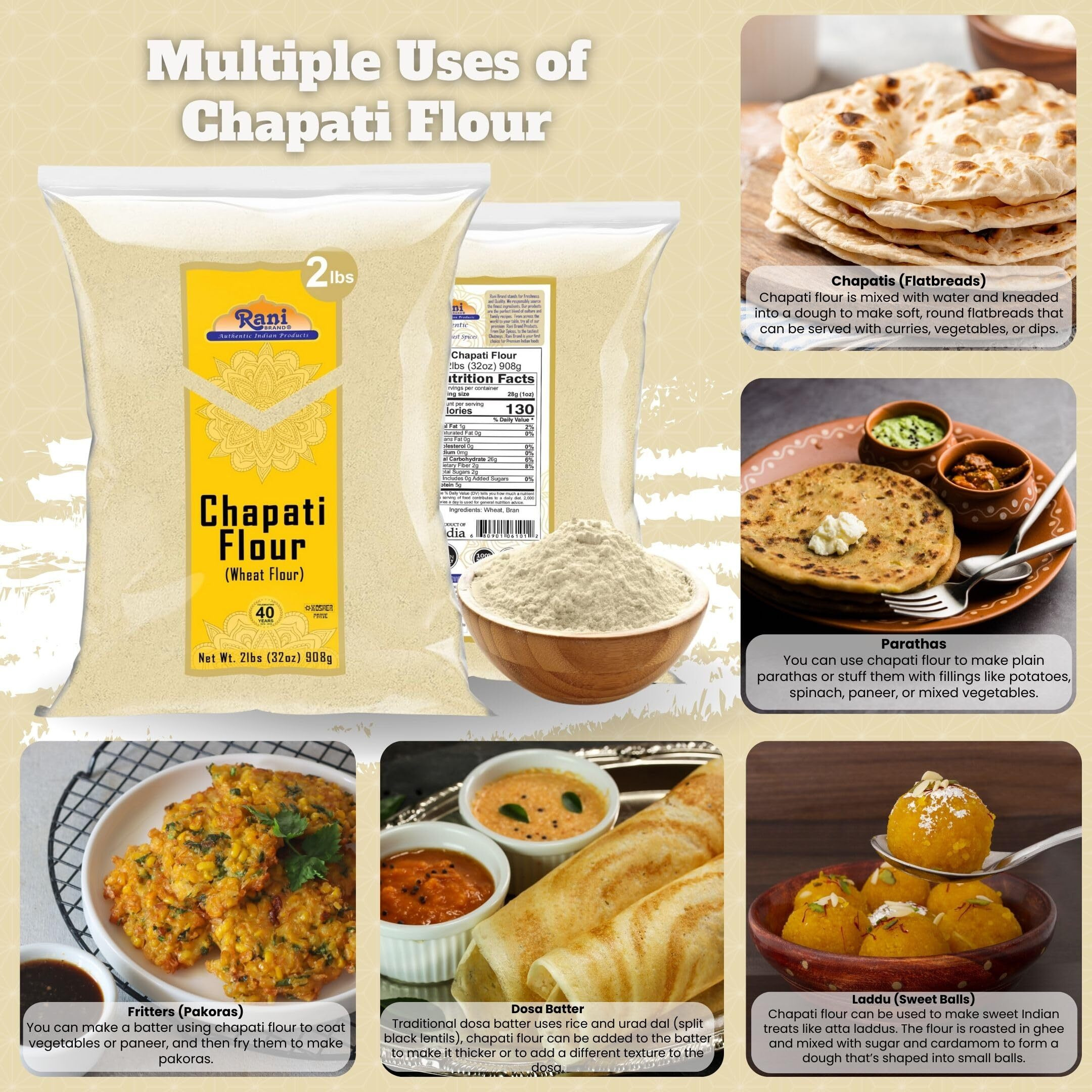 Rani Chapati Flour (100% Pure Whole Wheat Atta), For Making Roti & Indian Breads 32oz (2lbs) 908g ~ All Natural, Vegan, No Salt or Colors, NON-GMO, Kosher, Indian Origin