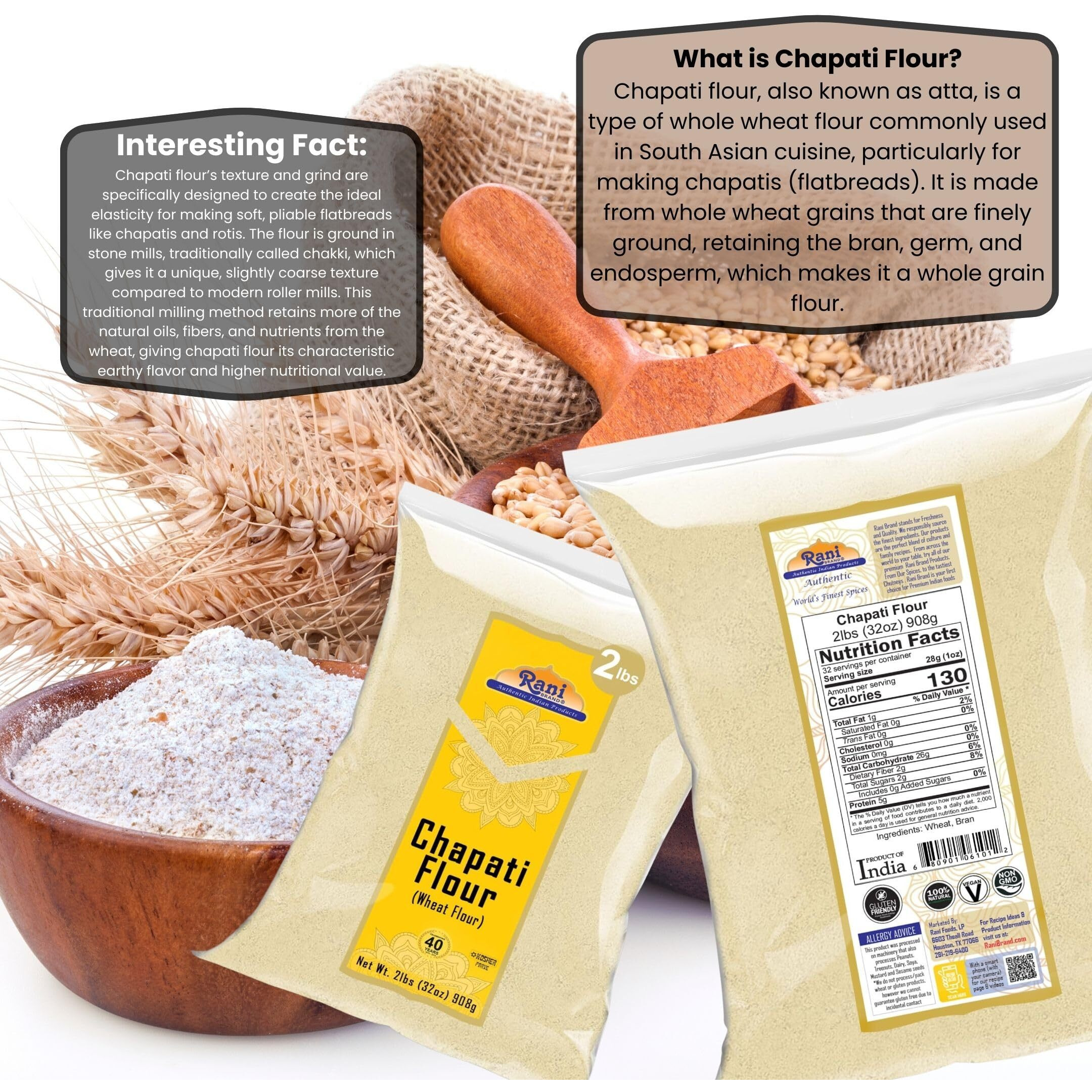 Rani Chapati Flour (100% Pure Whole Wheat Atta), For Making Roti & Indian Breads 32oz (2lbs) 908g ~ All Natural, Vegan, No Salt or Colors, NON-GMO, Kosher, Indian Origin
