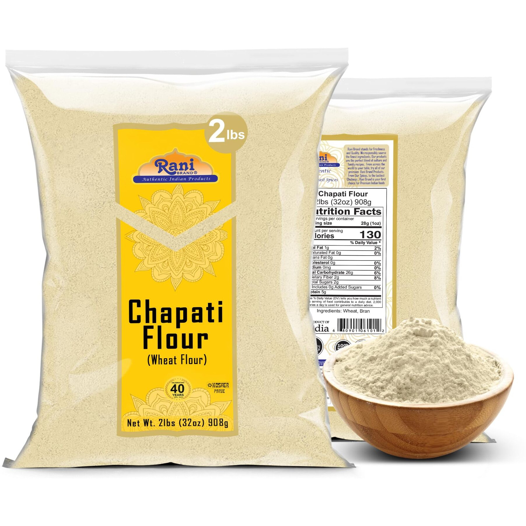 Rani Chapati Flour (100% Pure Whole Wheat Atta), For Making Roti & Indian Breads 32oz (2lbs) 908g ~ All Natural, Vegan, No Salt or Colors, NON-GMO, Kosher, Indian Origin