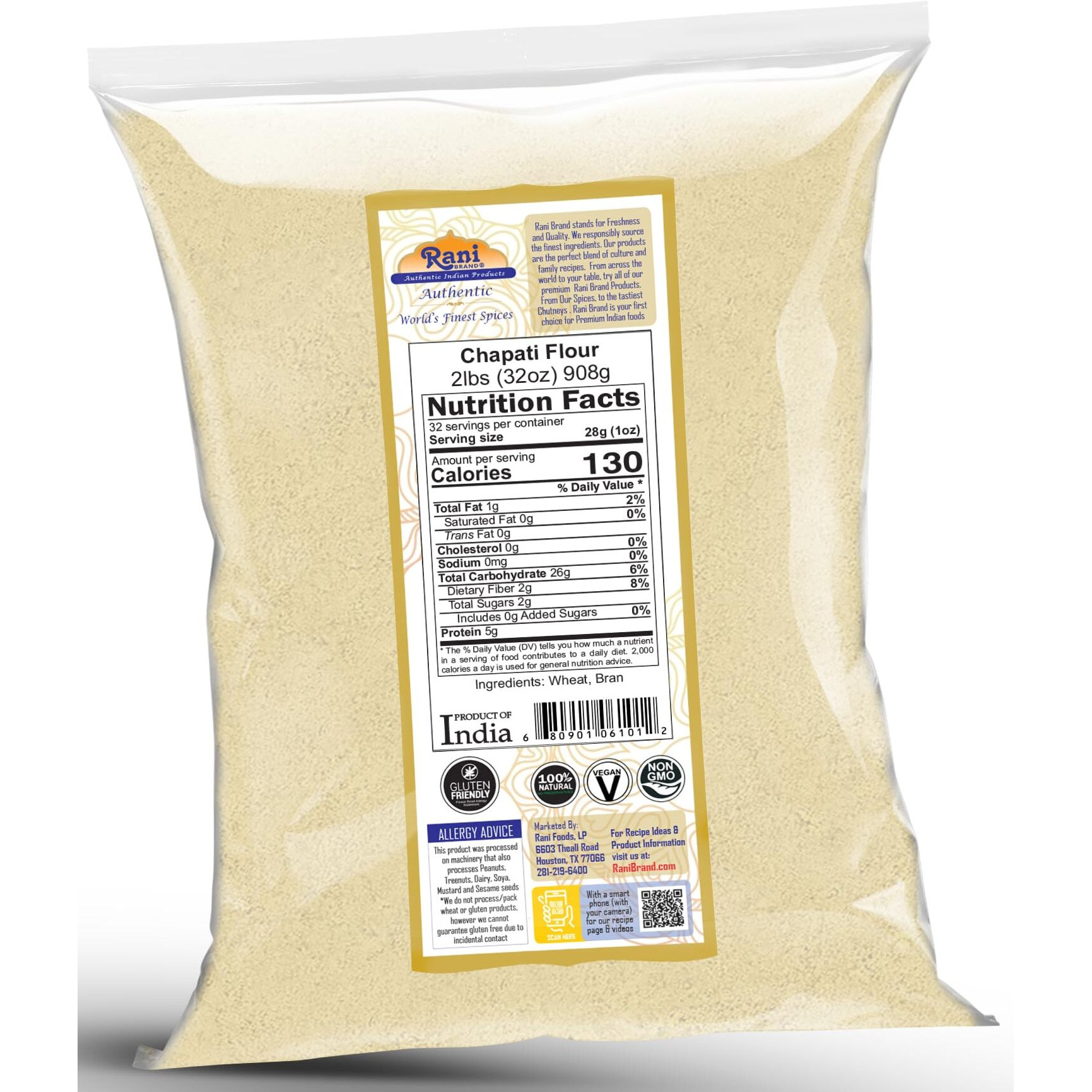 Rani Chapati Flour (100% Pure Whole Wheat Atta), For Making Roti & Indian Breads 32oz (2lbs) 908g ~ All Natural, Vegan, No Salt or Colors, NON-GMO, Kosher, Indian Origin