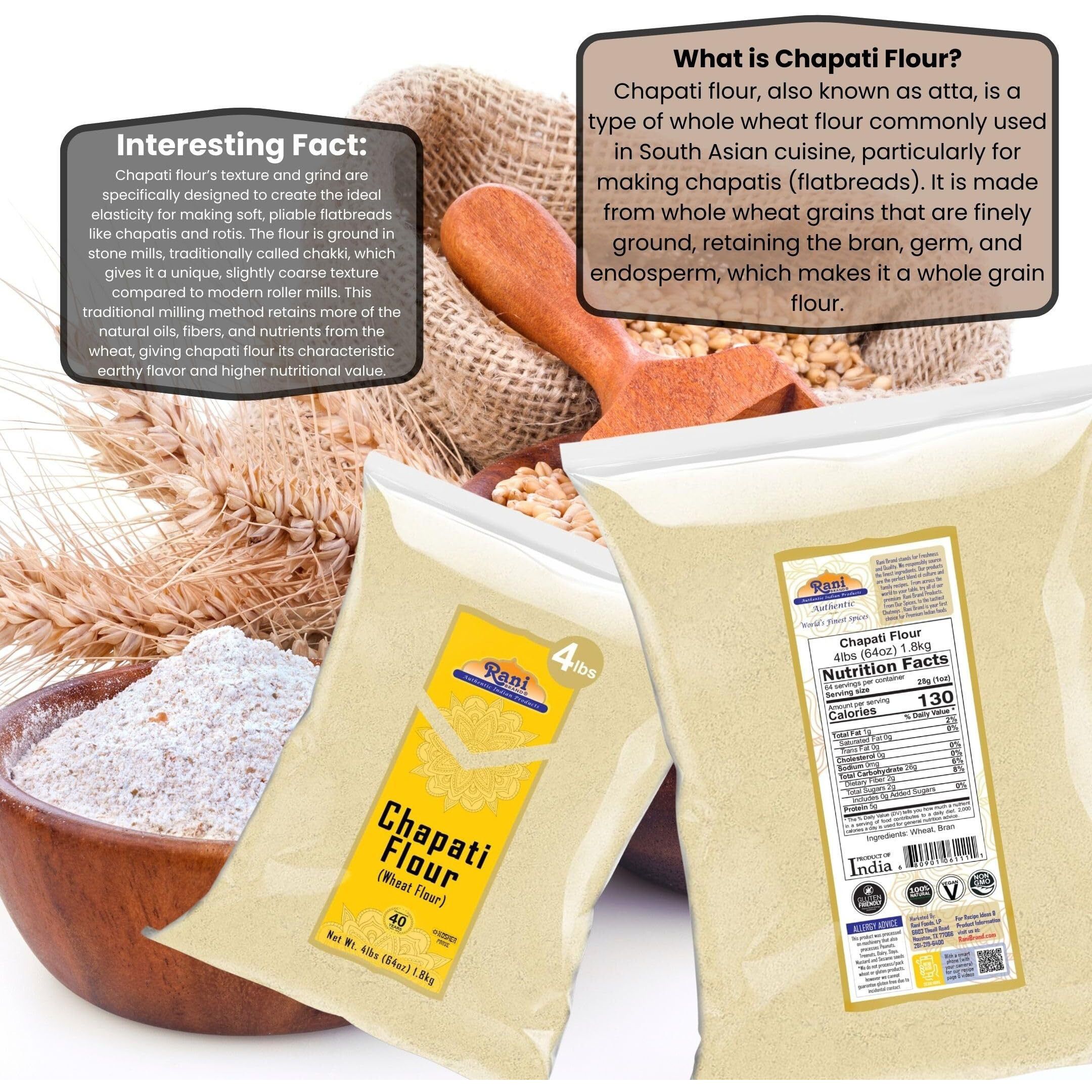 Rani Chapati Flour (100% Pure Whole Wheat Atta), For Making Roti & Indian Breads 64oz (4lbs) 1.81kg Bulk ~ All Natural, Vegan, No Salt or Colors, NON-GMO, Kosher, Indian Origin