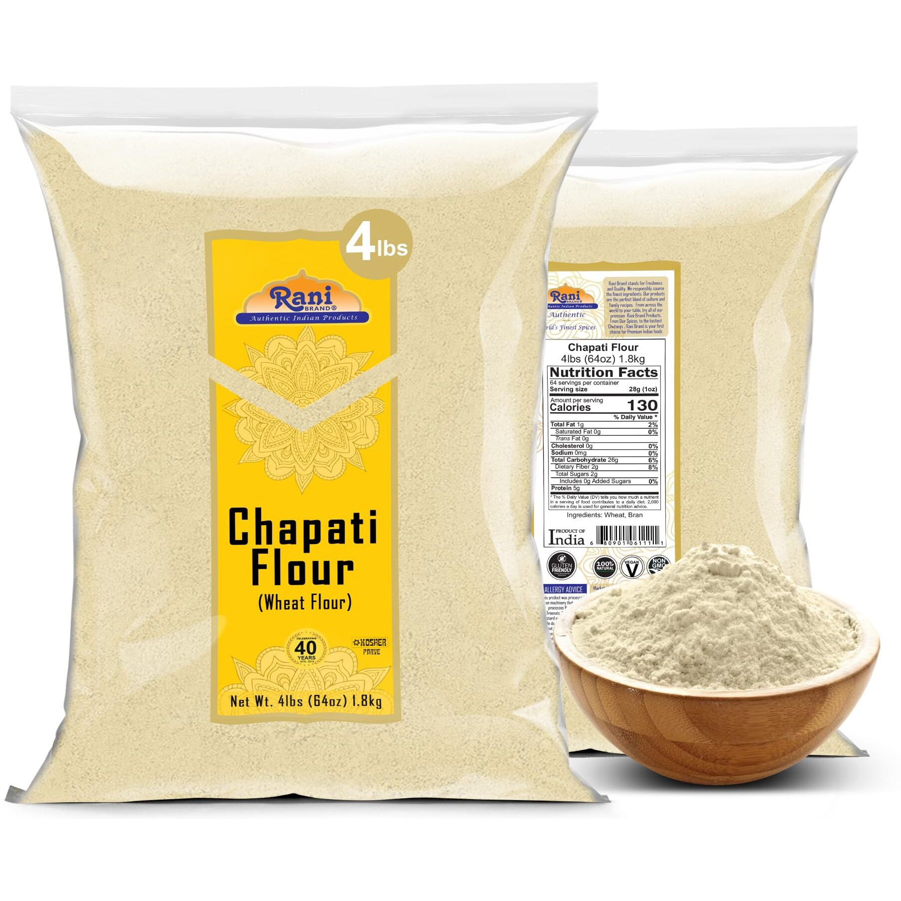 Rani Chapati Flour (100% Pure Whole Wheat Atta), For Making Roti & Indian Breads 64oz (4lbs) 1.81kg Bulk ~ All Natural, Vegan, No Salt or Colors, NON-GMO, Kosher, Indian Origin