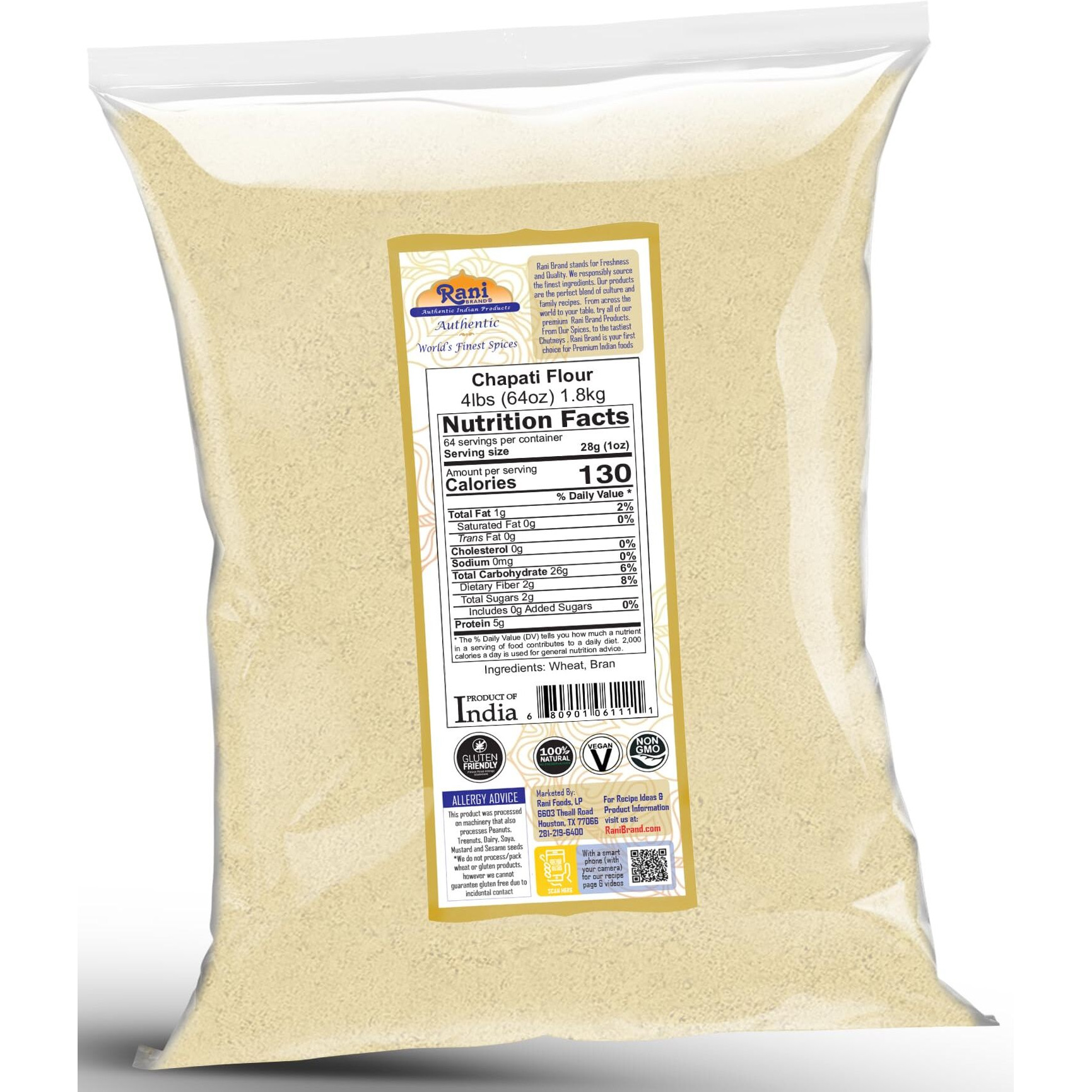 Rani Chapati Flour (100% Pure Whole Wheat Atta), For Making Roti & Indian Breads 64oz (4lbs) 1.81kg Bulk ~ All Natural, Vegan, No Salt or Colors, NON-GMO, Kosher, Indian Origin