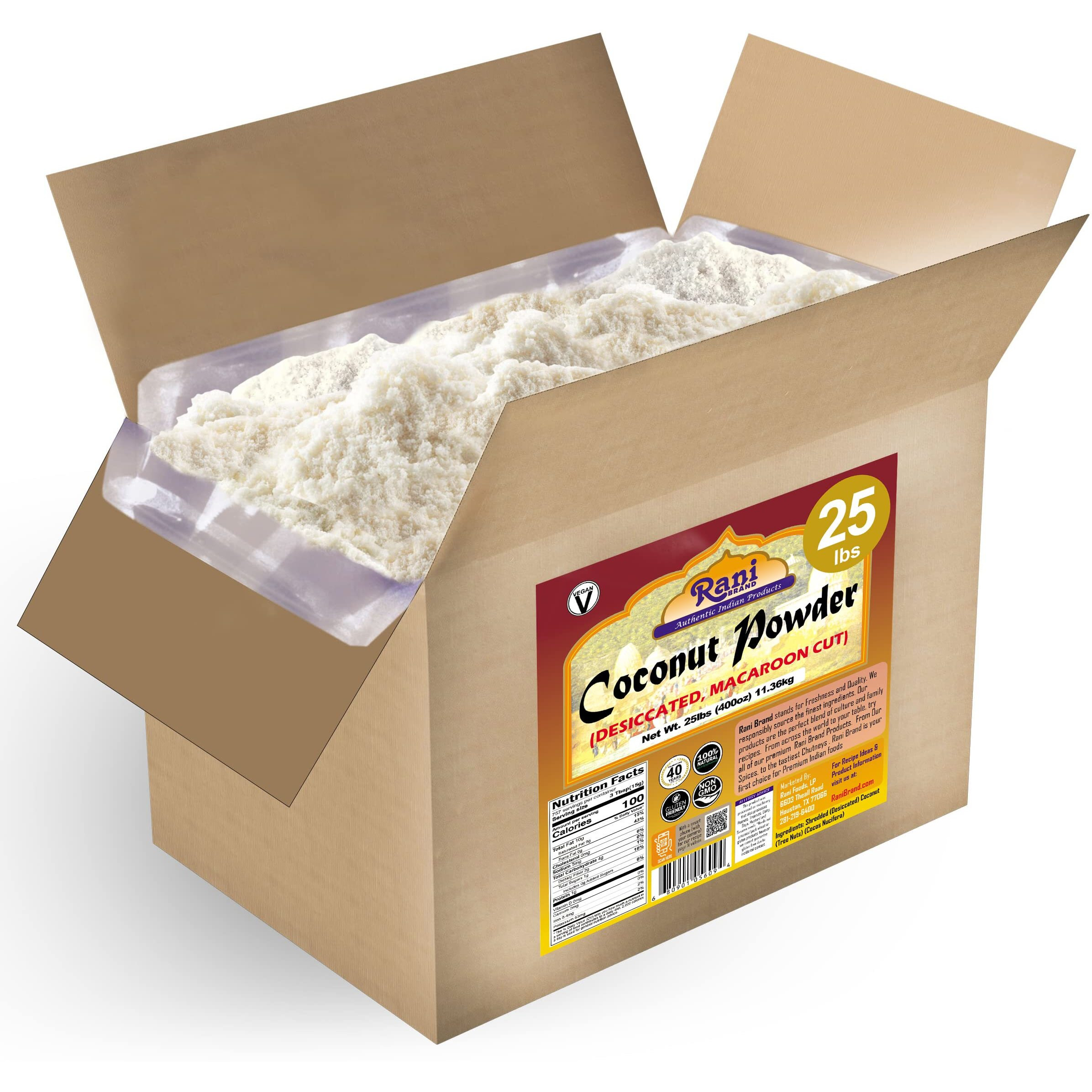 Rani Coconut Fine Powder (Desiccated, Macaroon Cut) 400oz (25lbs) 11.36kg, Bulk Box, Raw (uncooked, unsweetened) ~ All Natural, Vegan, Gluten Friendly