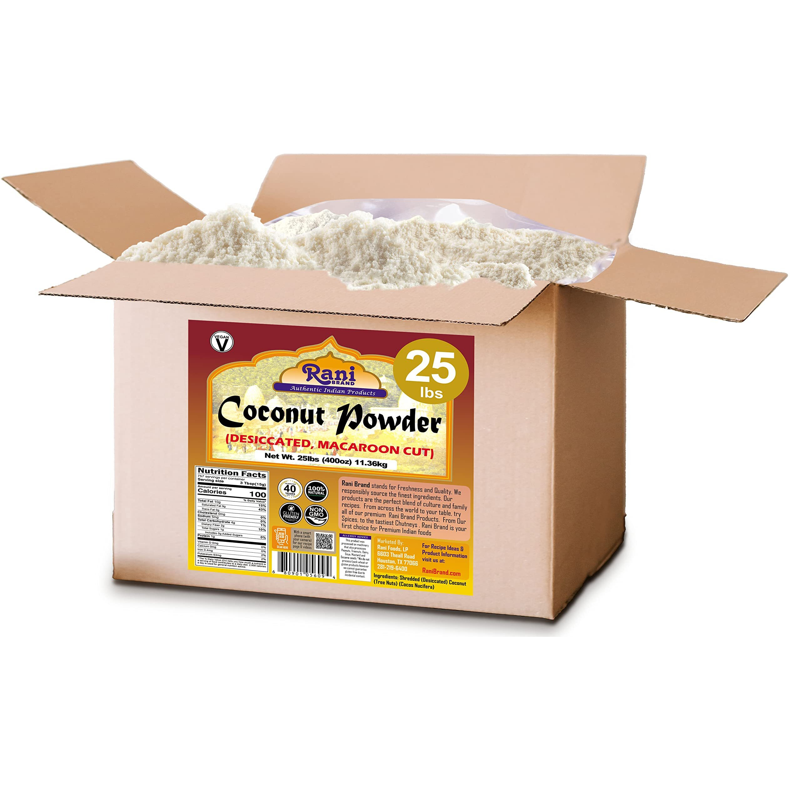 Rani Coconut Fine Powder (Desiccated, Macaroon Cut) 400oz (25lbs) 11.36kg, Bulk Box, Raw (uncooked, unsweetened) ~ All Natural, Vegan, Gluten Friendly