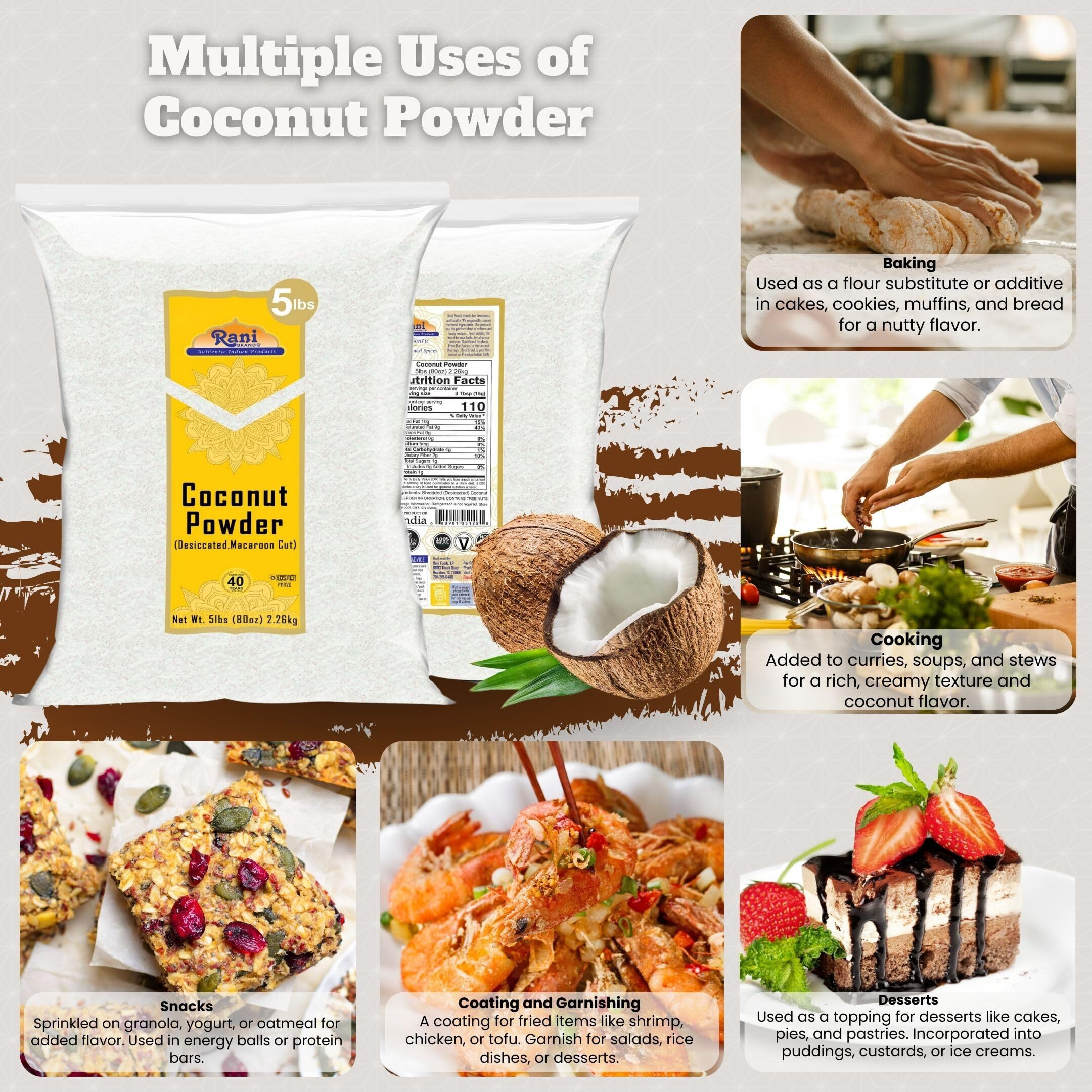 Rani Coconut Fine Powder (Desiccated, Macaroon Cut) 80oz (5lbs) 2.27kg Bulk Raw (Uncooked, Unsweetened) ~ All Natural, Vegan, Gluten Friendly, Kosher
