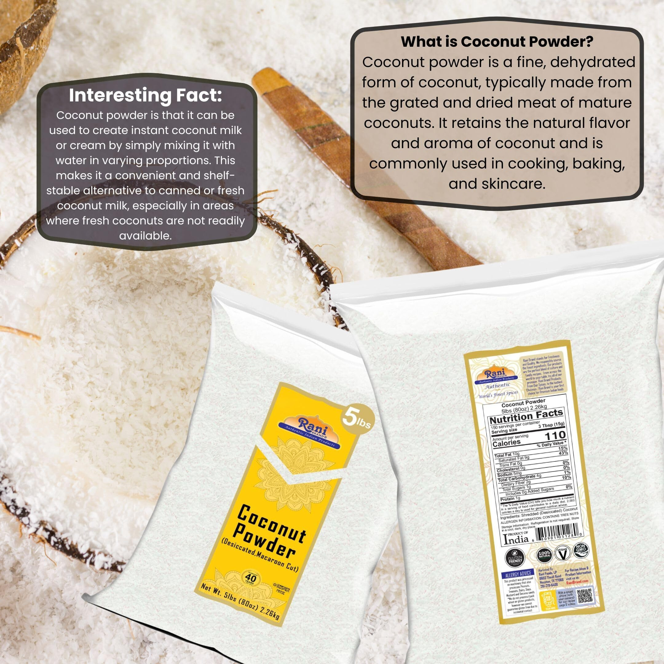 Rani Coconut Fine Powder (Desiccated, Macaroon Cut) 80oz (5lbs) 2.27kg Bulk Raw (Uncooked, Unsweetened) ~ All Natural, Vegan, Gluten Friendly, Kosher
