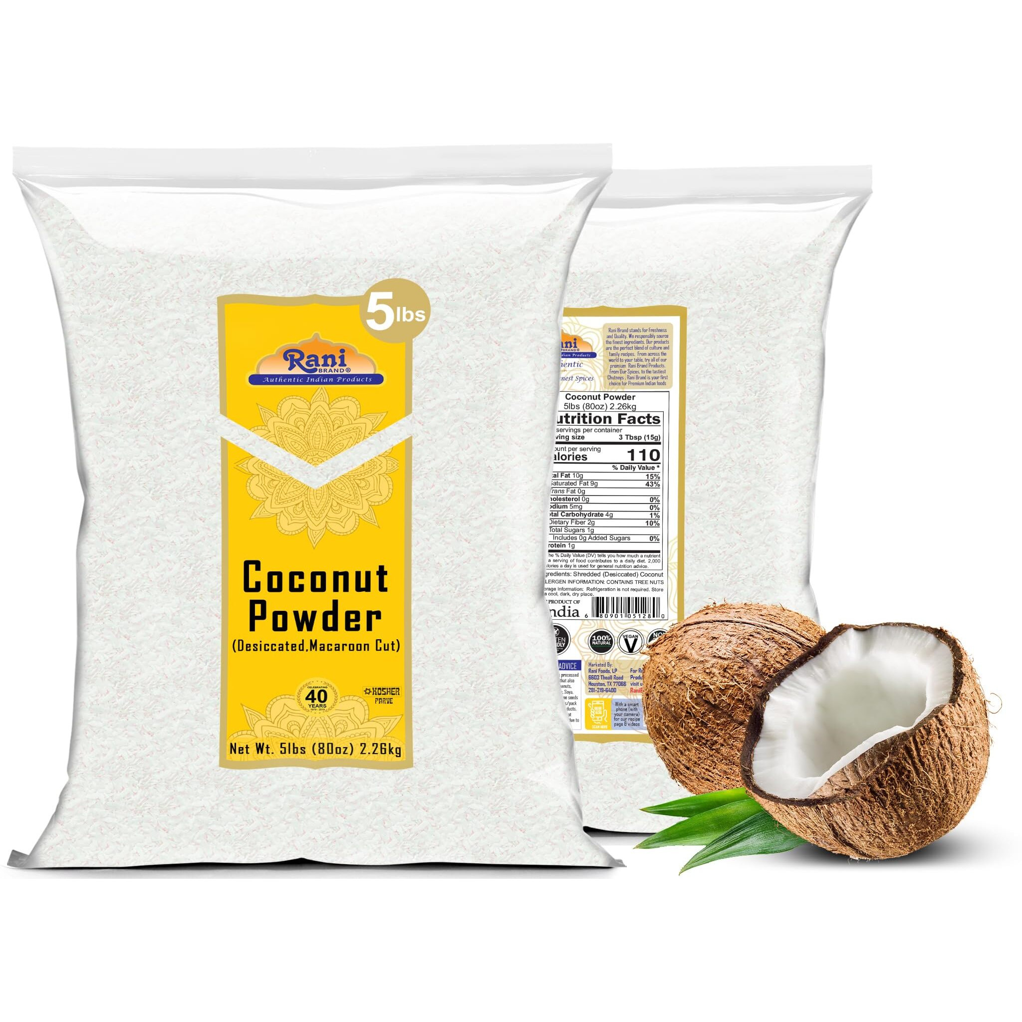 Rani Coconut Fine Powder (Desiccated, Macaroon Cut) 80oz (5lbs) 2.27kg Bulk Raw (Uncooked, Unsweetened) ~ All Natural, Vegan, Gluten Friendly, Kosher