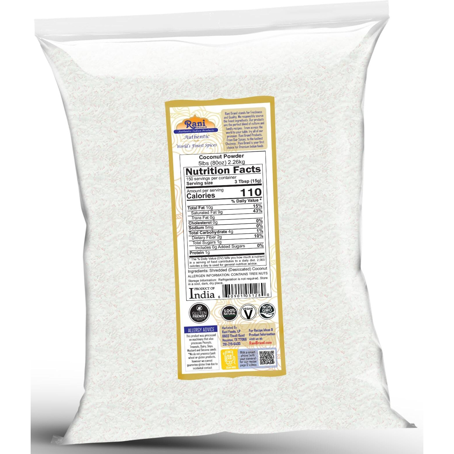 Rani Coconut Fine Powder (Desiccated, Macaroon Cut) 80oz (5lbs) 2.27kg Bulk Raw (Uncooked, Unsweetened) ~ All Natural, Vegan, Gluten Friendly, Kosher
