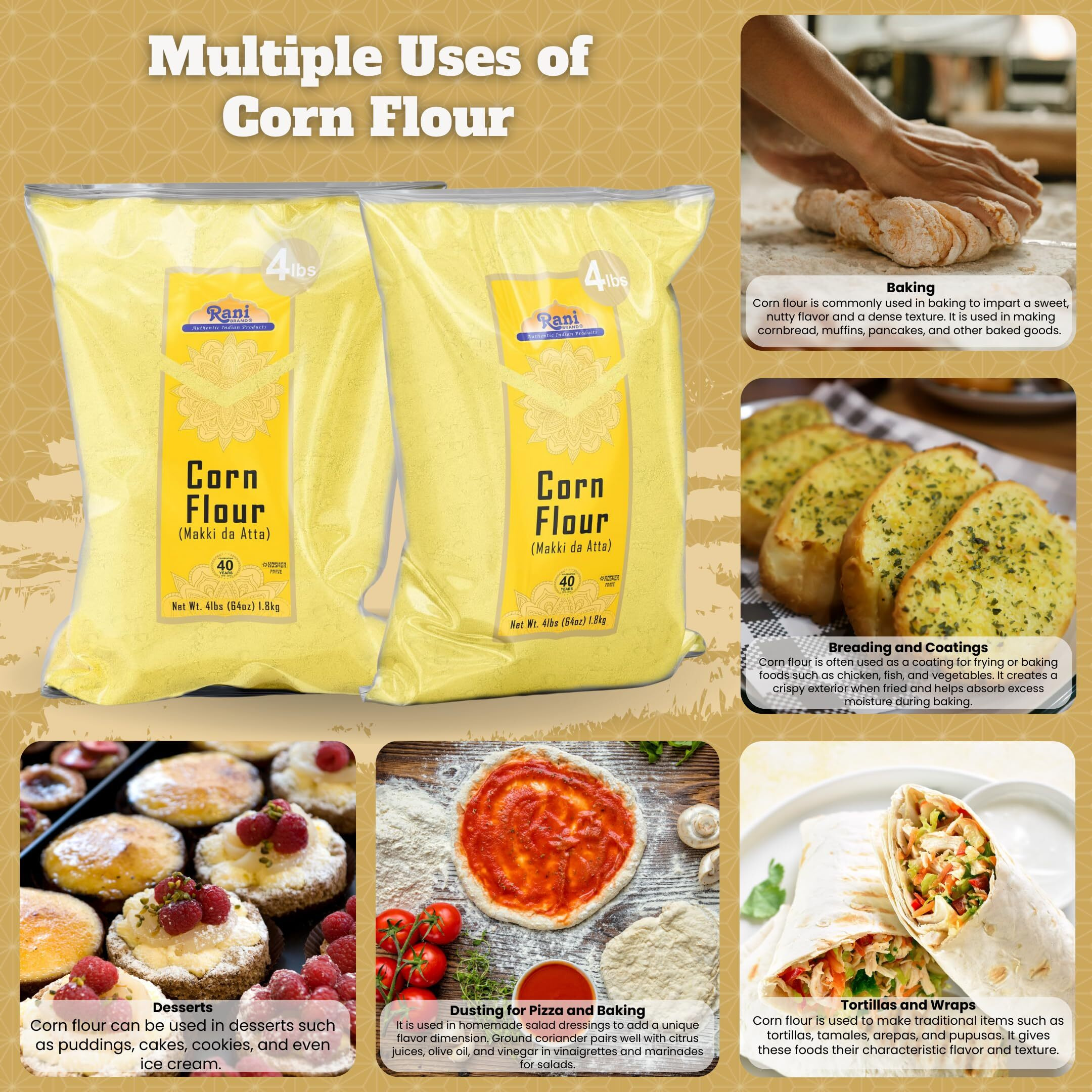Rani Corn Flour (Makki ka Atta) 64oz (4lbs) 1.81kg Bulk ~ All Natural, Vegan, Gluten Friendly, NON-GMO, Kosher, Indian Origin