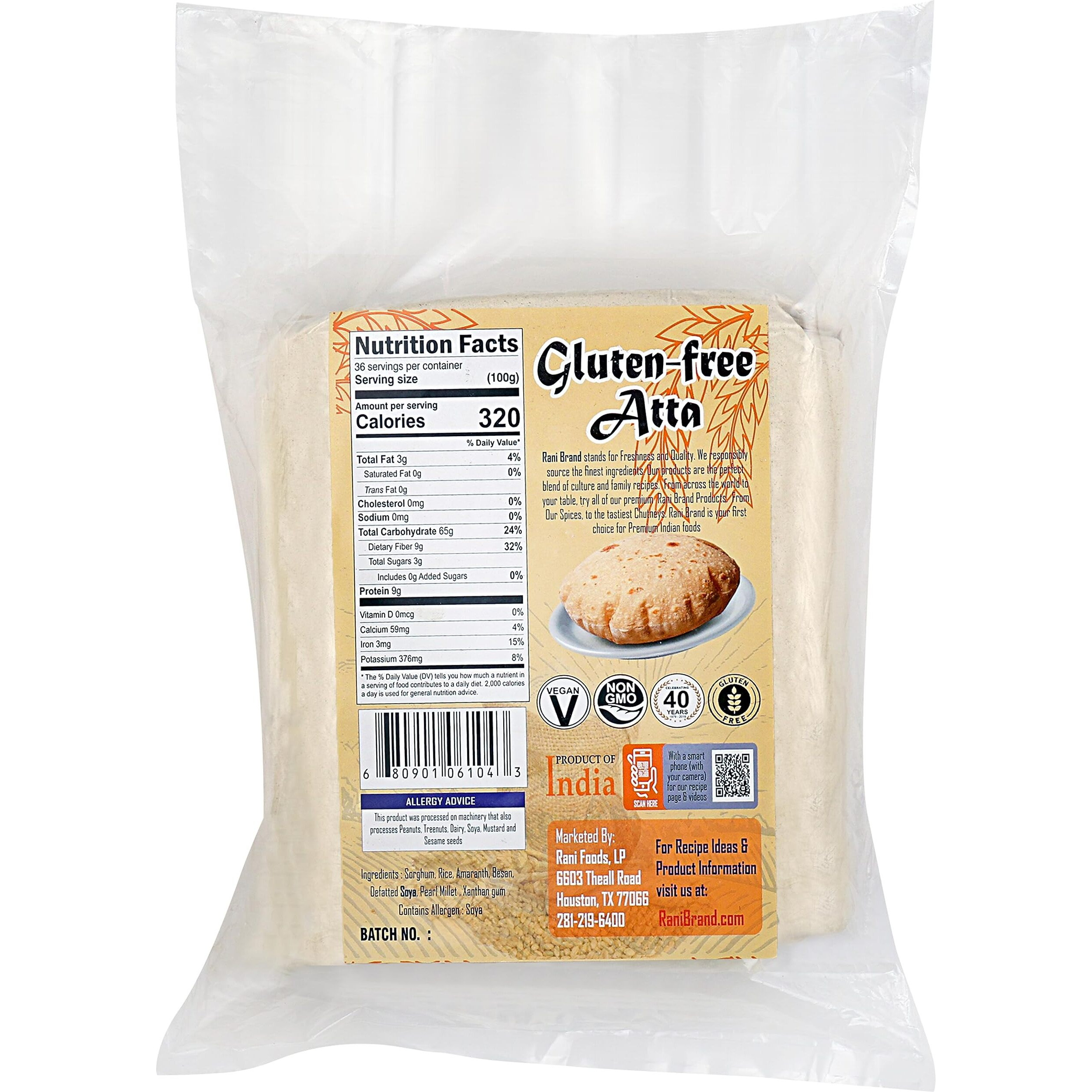 Rani Gluten Free Atta (Sorghum, Amaranth, Chick Peas, Millet, Soya, Rice) 128oz (8lbs) 3.63kg Bulk ~ All Natural, Vegan, Gluten Gree, NON-GMO, Indian Origin