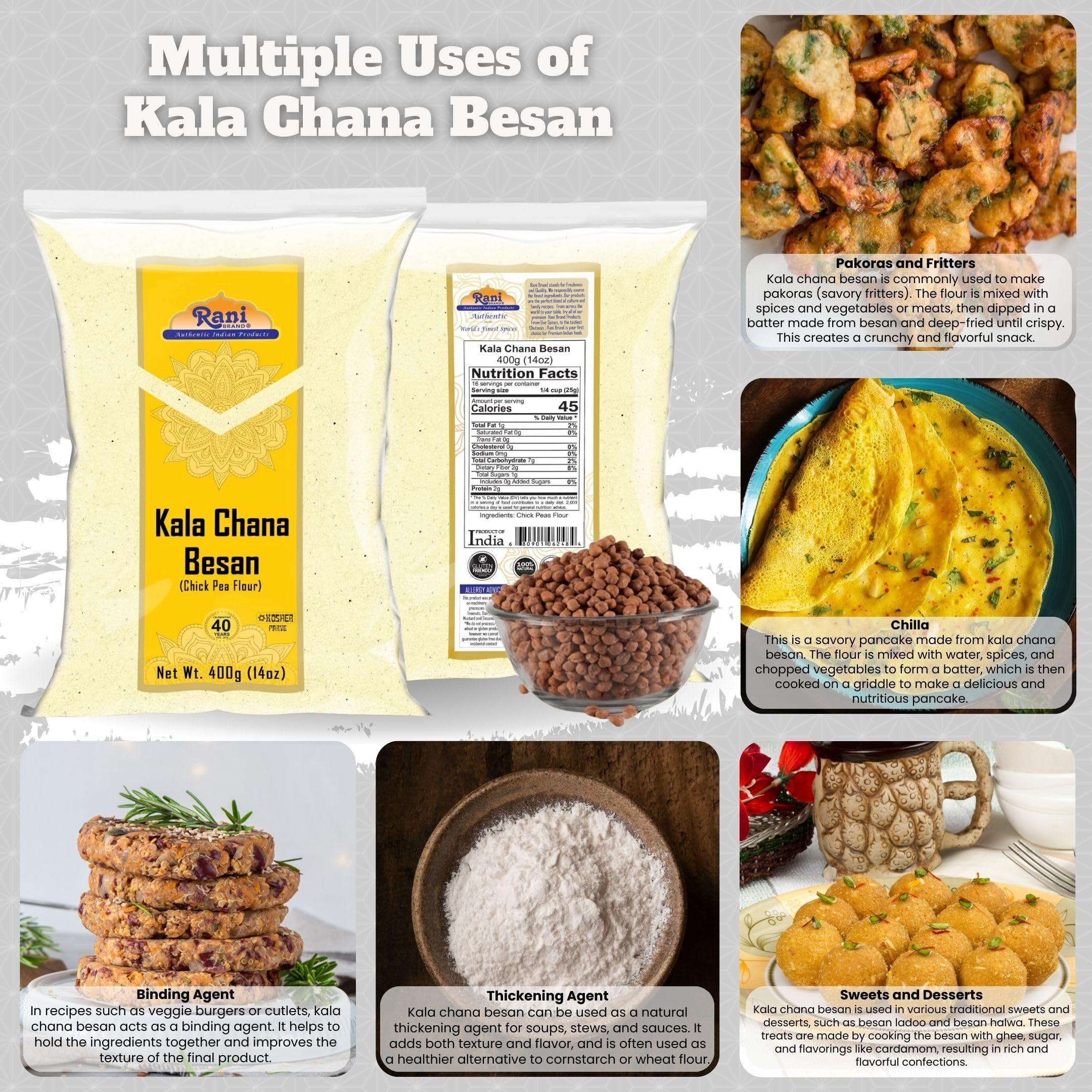 Rani Kala Chana Besan (Chick Peas Flour) 14oz (400g) ~ All Natural, Vegan, Gluten Friendly, NON-GMO, Kosher, Indian Origin
