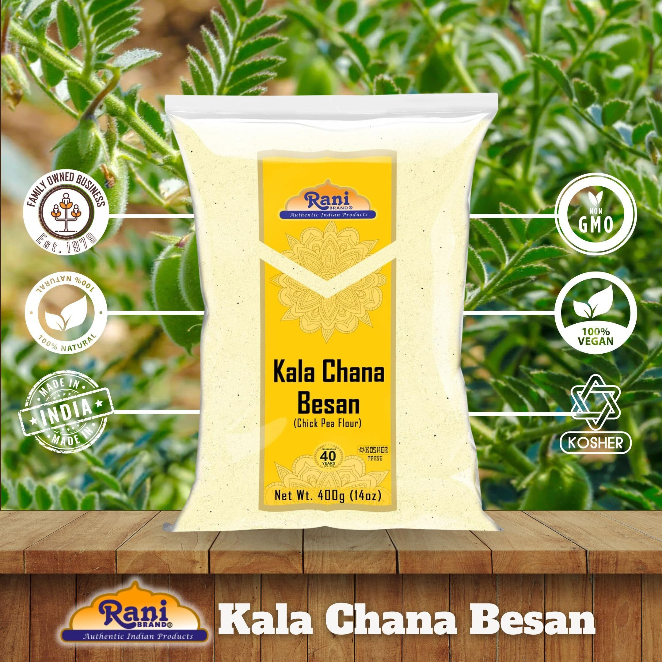 Rani Kala Chana Besan (Chick Peas Flour) 14oz (400g) ~ All Natural, Vegan, Gluten Friendly, NON-GMO, Kosher, Indian Origin