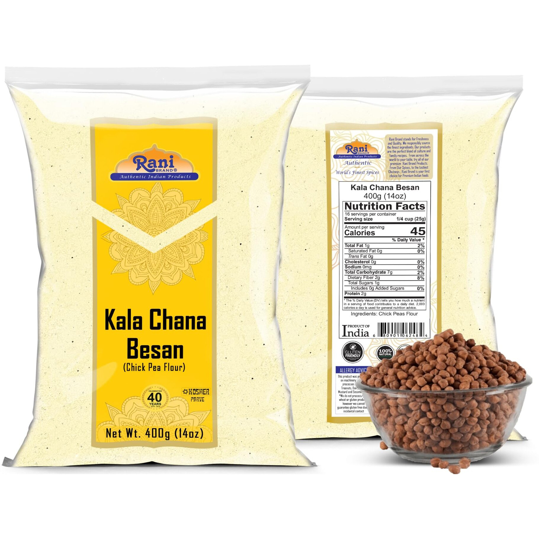 Rani Kala Chana Besan (Chick Peas Flour) 14oz (400g) ~ All Natural, Vegan, Gluten Friendly, NON-GMO, Kosher, Indian Origin
