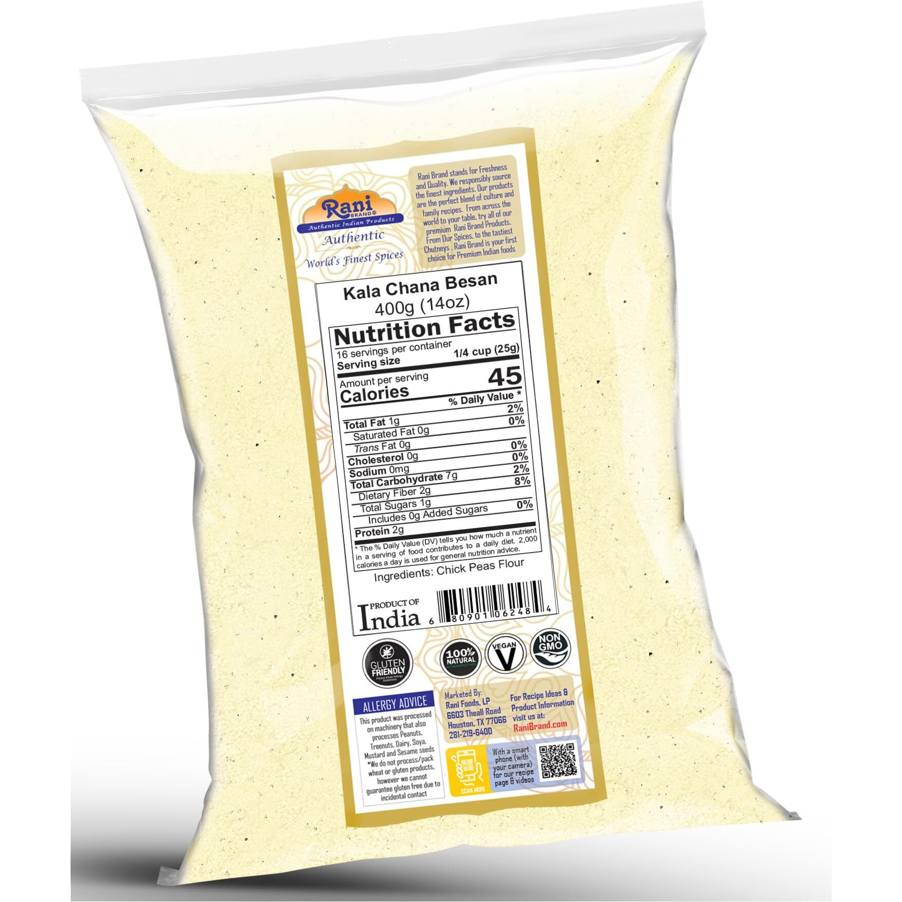 Rani Kala Chana Besan (Chick Peas Flour) 14oz (400g) ~ All Natural, Vegan, Gluten Friendly, NON-GMO, Kosher, Indian Origin