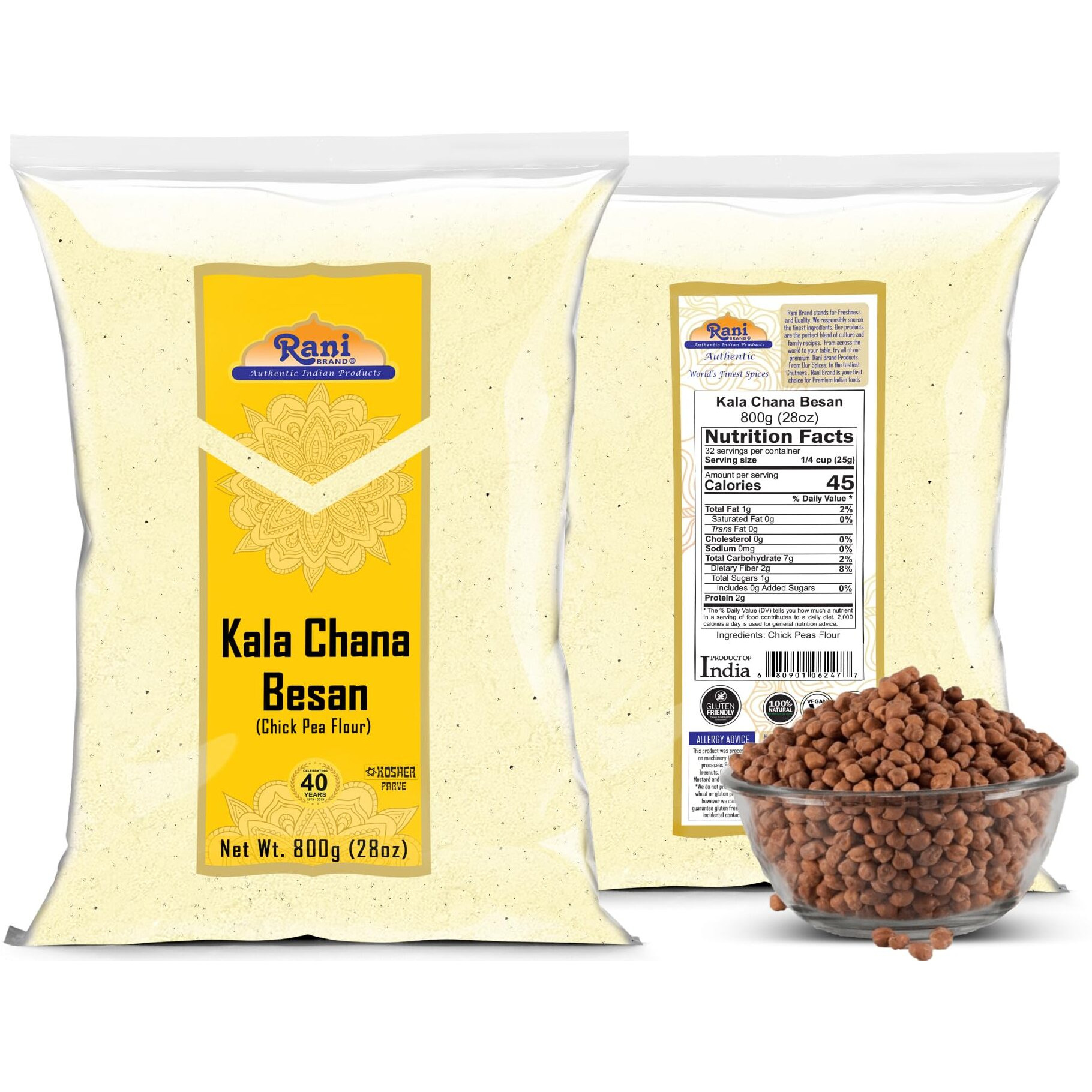 Rani Kala Chana Besan (Chick Peas Flour) 28oz (1.75lbs) 800g ~ All Natural, Vegan, Gluten Friendly, NON-GMO, Kosher, Indian Origin