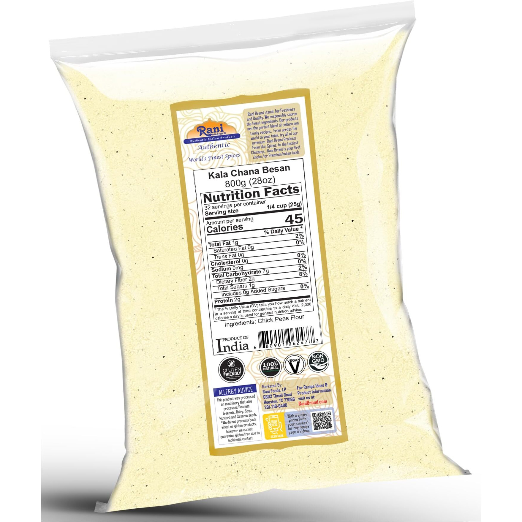 Rani Kala Chana Besan (Chick Peas Flour) 28oz (1.75lbs) 800g ~ All Natural, Vegan, Gluten Friendly, NON-GMO, Kosher, Indian Origin
