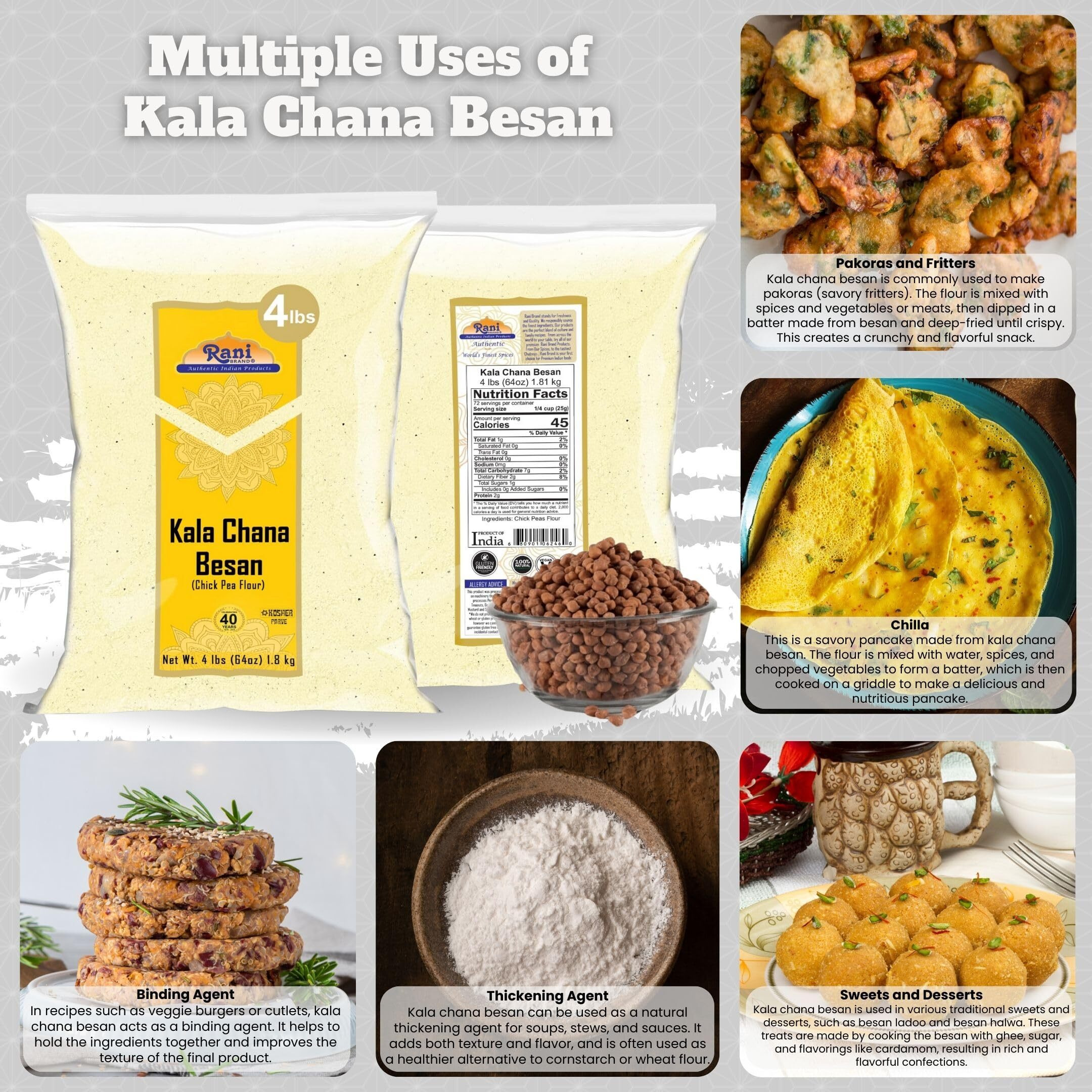 Rani Kala Chana Besan (Chick Peas Flour) 64oz (4lbs) 1.81kg Bulk ~ All Natural, Vegan, Gluten Friendly, NON-GMO, Kosher, Indian Origin