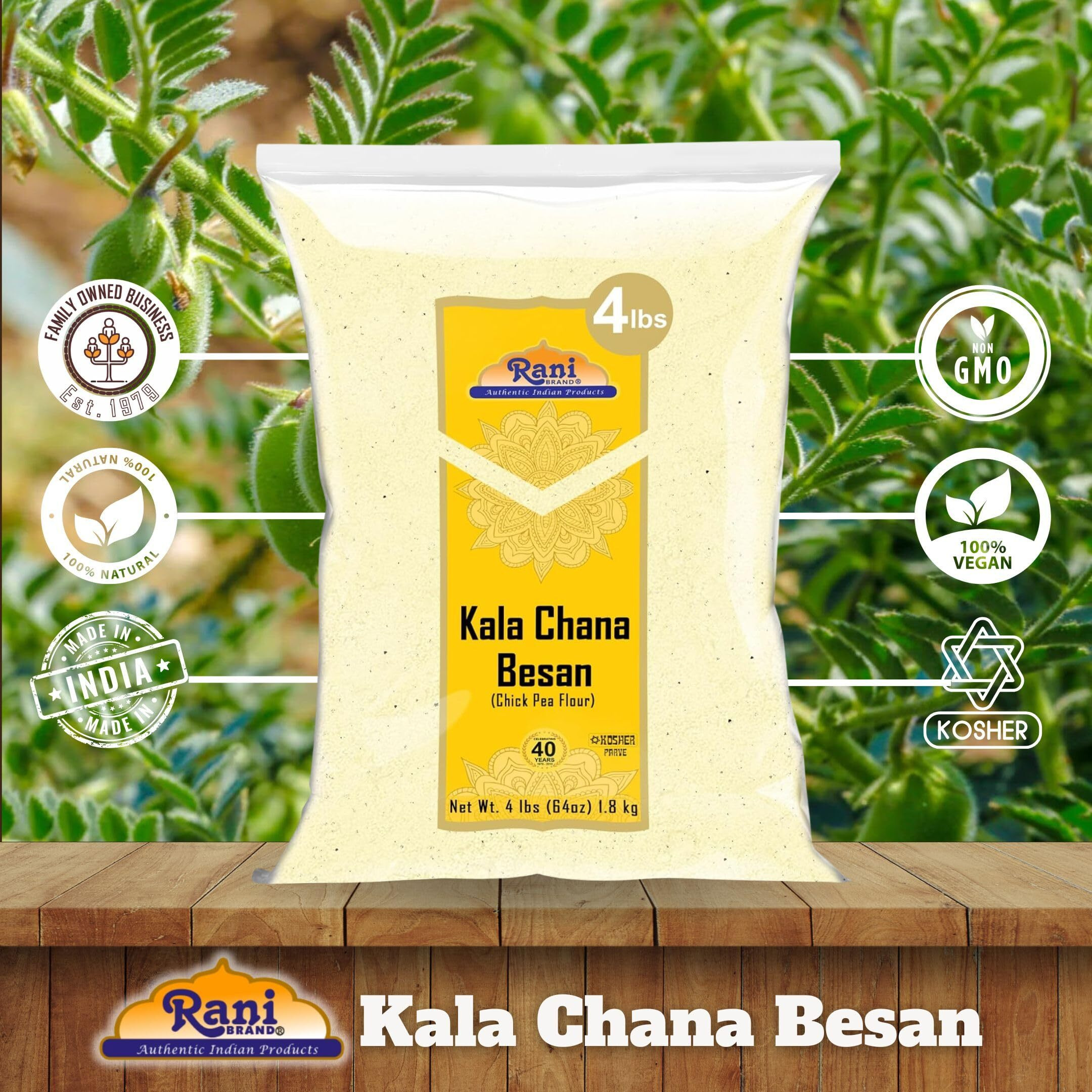 Rani Kala Chana Besan (Chick Peas Flour) 64oz (4lbs) 1.81kg Bulk ~ All Natural, Vegan, Gluten Friendly, NON-GMO, Kosher, Indian Origin