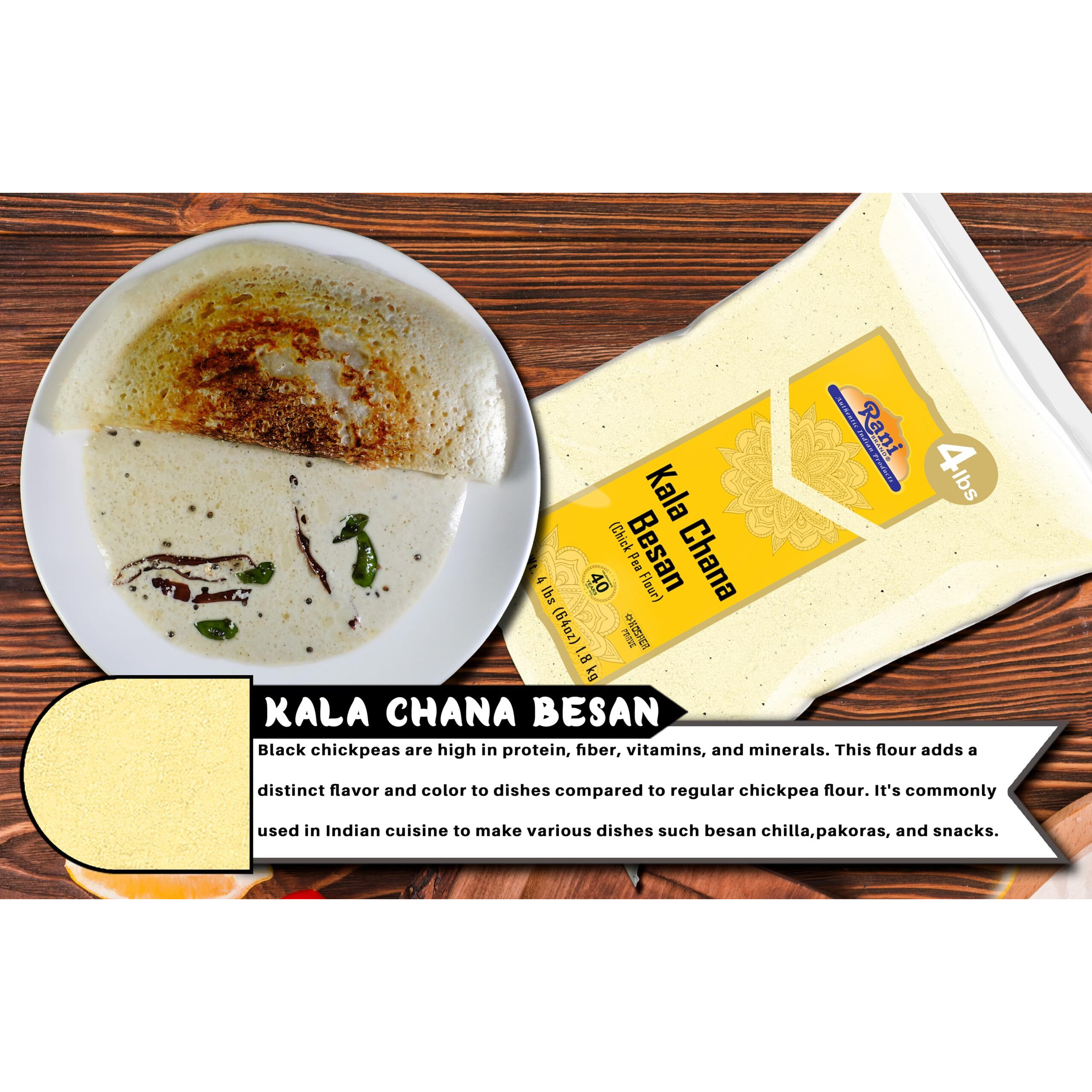 Rani Kala Chana Besan (Chick Peas Flour) 64oz (4lbs) 1.81kg Bulk ~ All Natural, Vegan, Gluten Friendly, NON-GMO, Kosher, Indian Origin