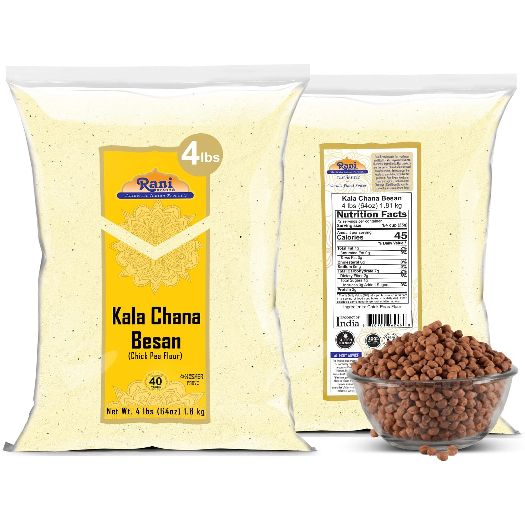Rani Kala Chana Besan (Chick Peas Flour) 64oz (4lbs) 1.81kg Bulk ~ All Natural, Vegan, Gluten Friendly, NON-GMO, Kosher, Indian Origin