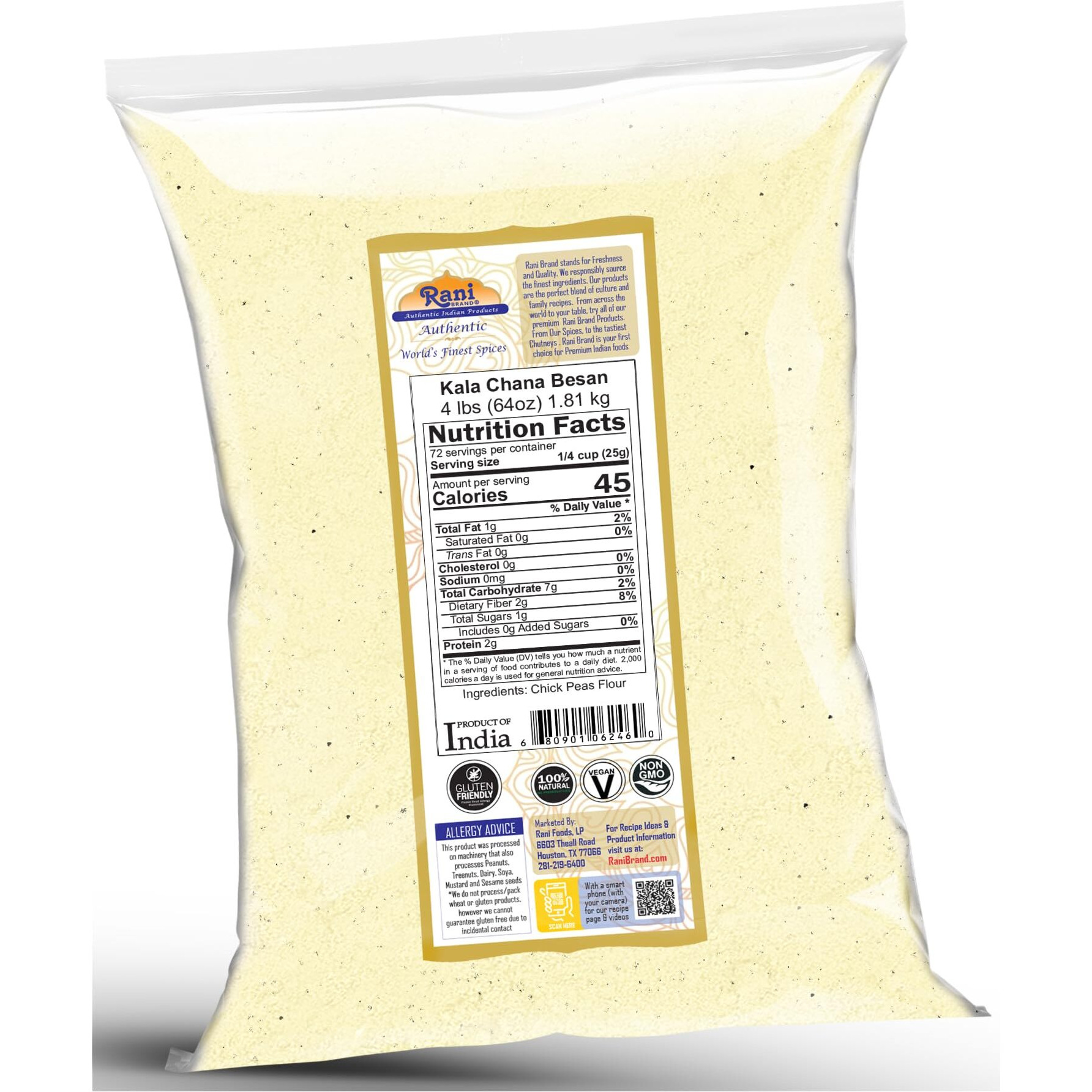 Rani Kala Chana Besan (Chick Peas Flour) 64oz (4lbs) 1.81kg Bulk ~ All Natural, Vegan, Gluten Friendly, NON-GMO, Kosher, Indian Origin