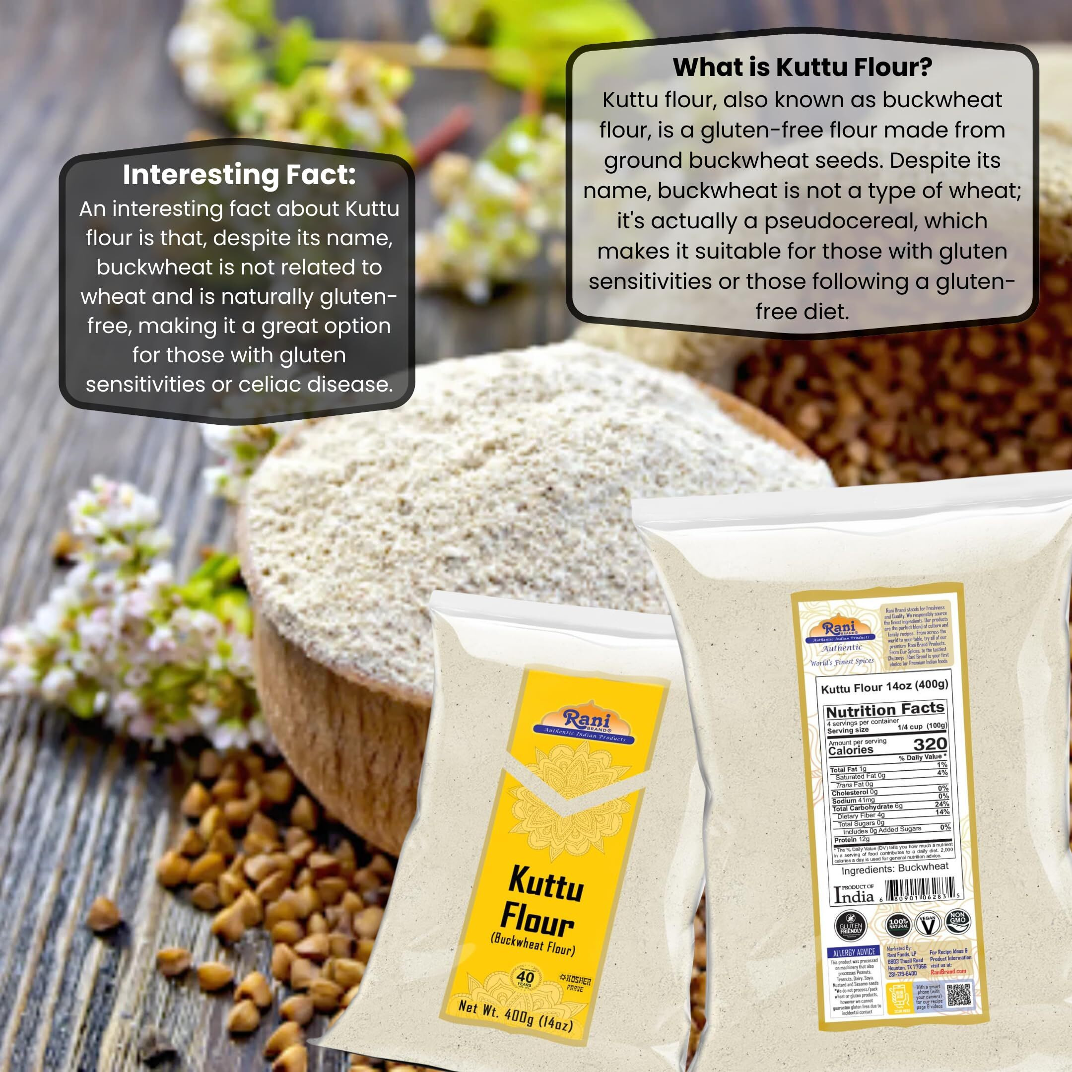 Rani Kuttu (Buckwheat) Flour 14oz (400g) ~ All Natural, Gluten Friendly, NON-GMO, Kosher, Vegan, Indian Origin