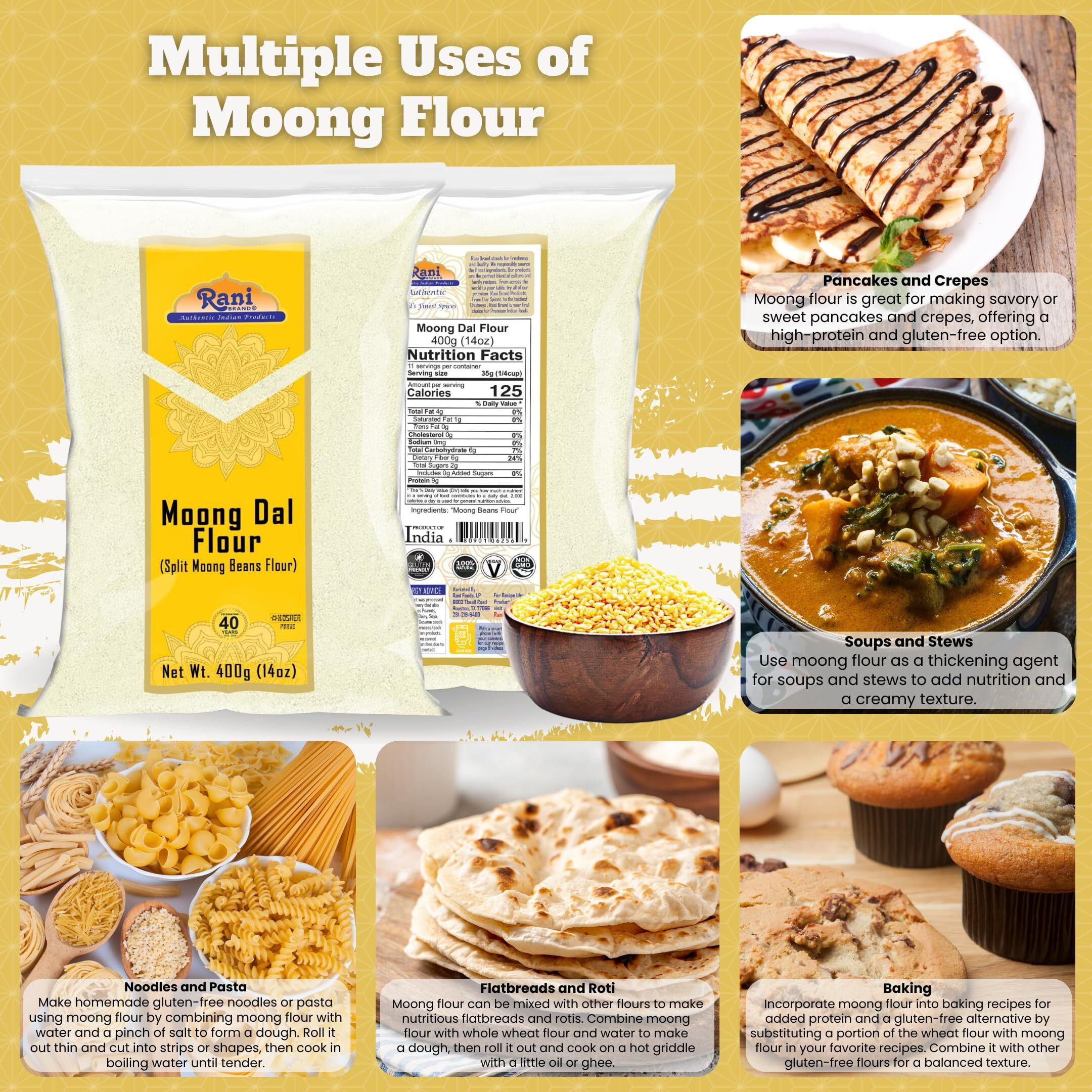 Rani Moong Flour (Mung Bean Flour, Green Gram Flour) 14oz (400g) ~ All Natural, Vegan, Gluten Friendly, NON-GMO, Kosher, Indian Origin