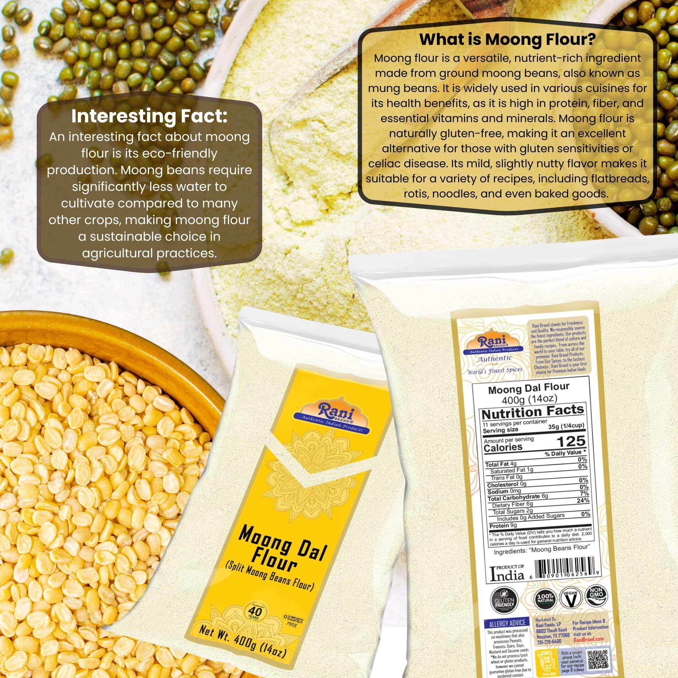 Rani Moong Flour (Mung Bean Flour, Green Gram Flour) 14oz (400g) ~ All Natural, Vegan, Gluten Friendly, NON-GMO, Kosher, Indian Origin