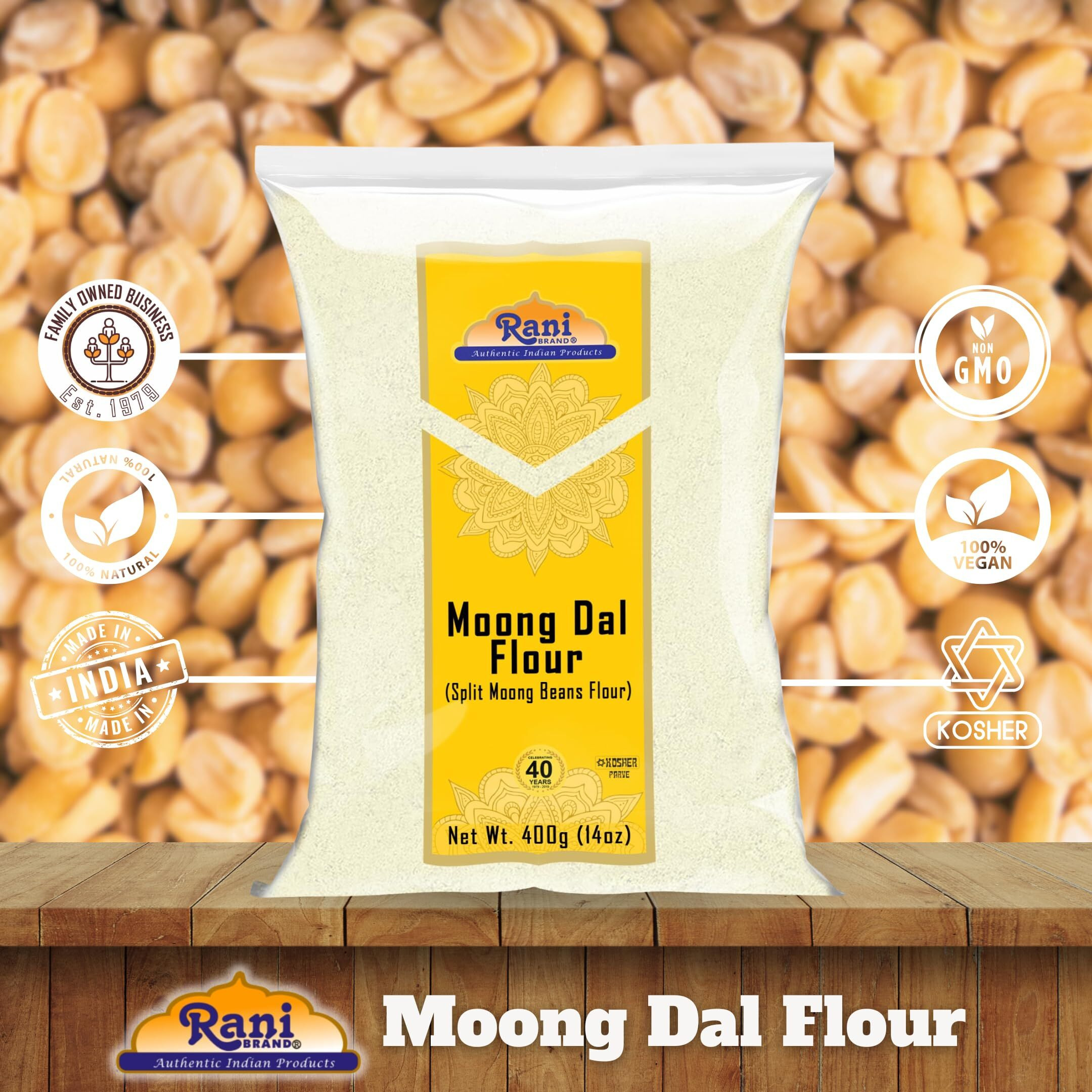 Rani Moong Flour (Mung Bean Flour, Green Gram Flour) 14oz (400g) ~ All Natural, Vegan, Gluten Friendly, NON-GMO, Kosher, Indian Origin
