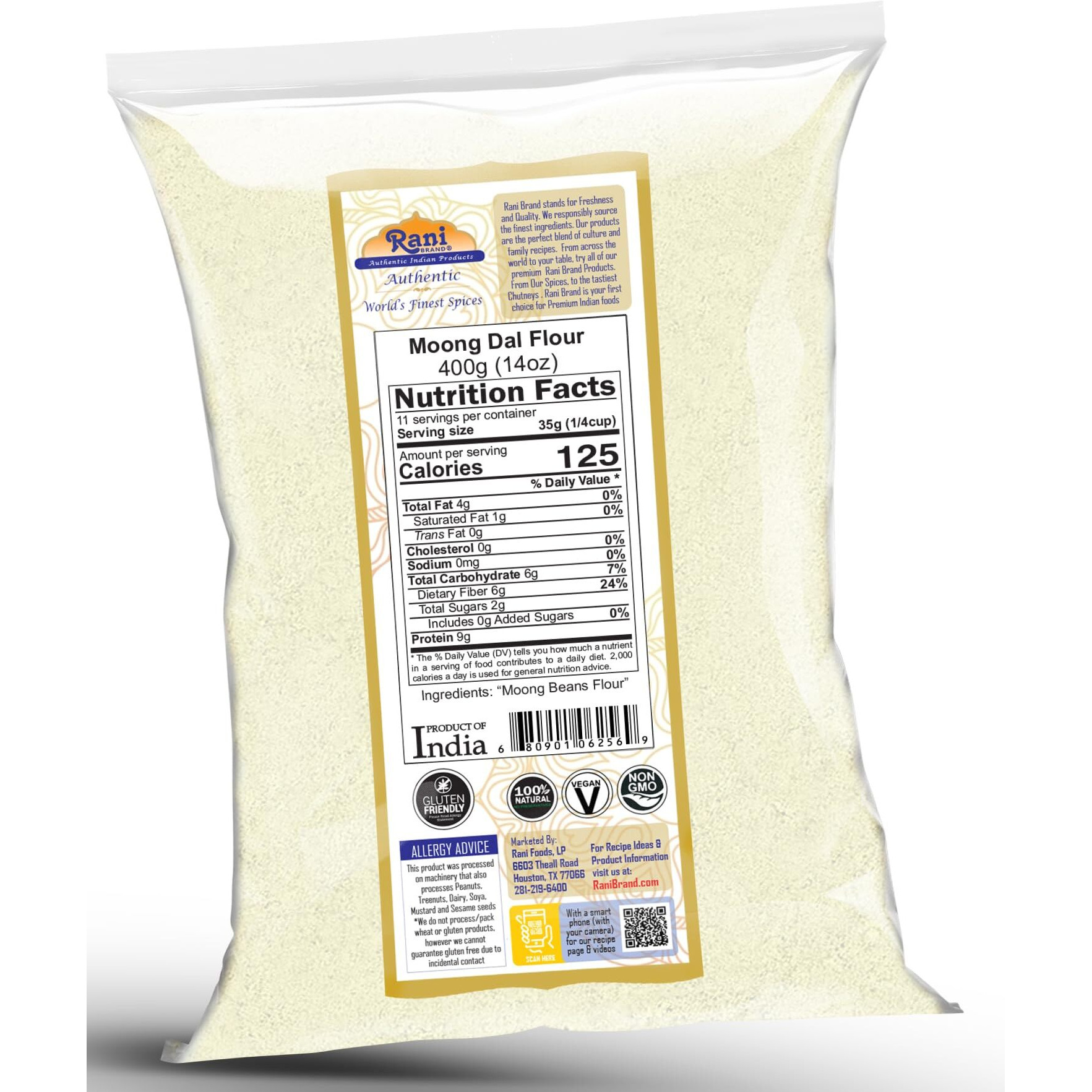Rani Moong Flour (Mung Bean Flour, Green Gram Flour) 14oz (400g) ~ All Natural, Vegan, Gluten Friendly, NON-GMO, Kosher, Indian Origin