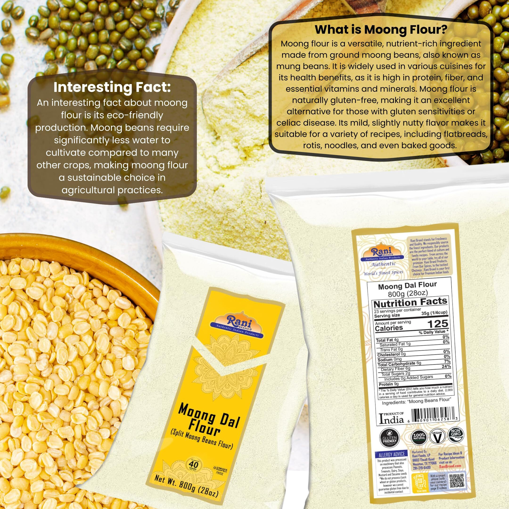 Rani Moong Flour (Mung Bean Flour, Green Gram Flour) 28oz (1.75lbs) 800g ~ All Natural, Vegan, Gluten Friendly, NON-GMO, Kosher, Indian Origin