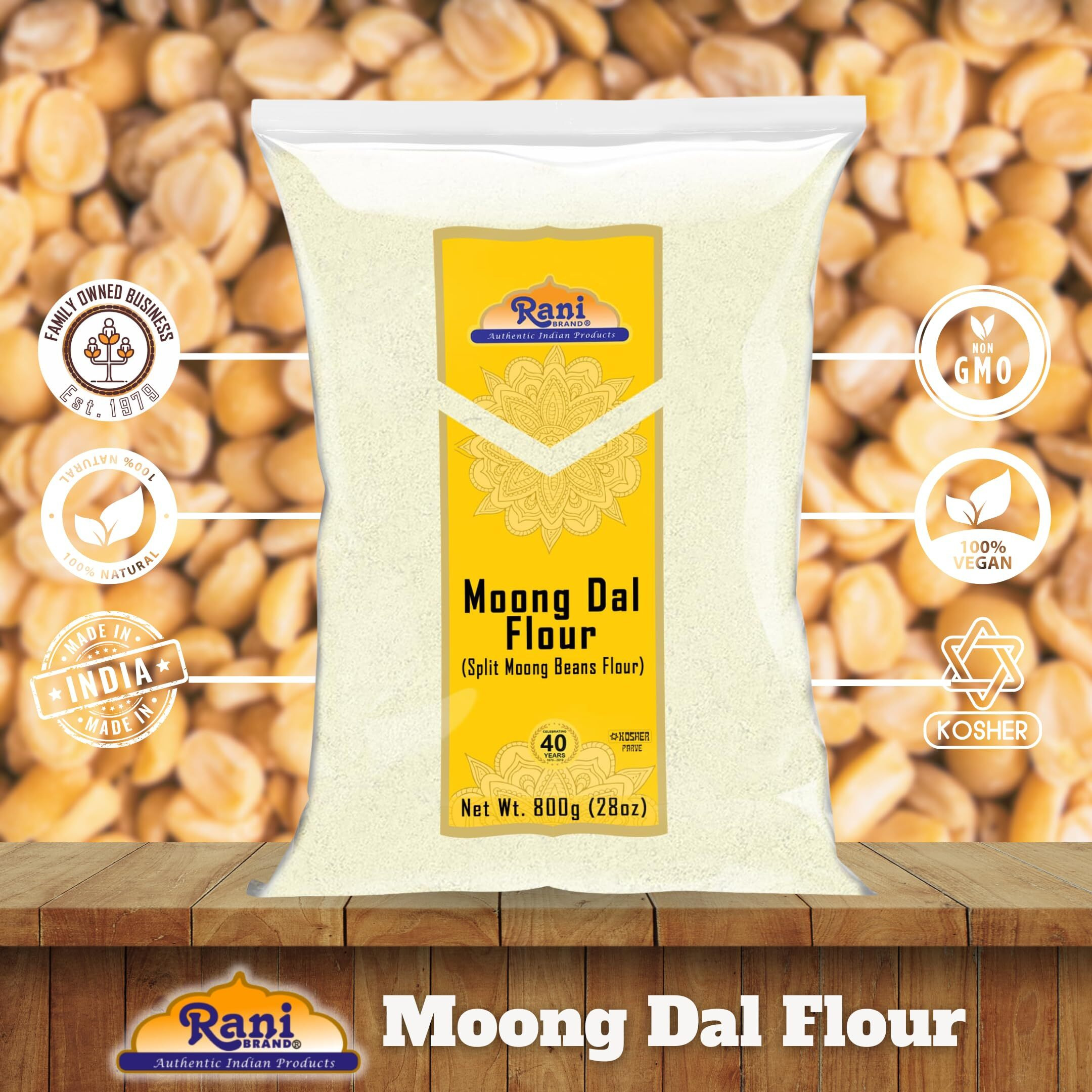 Rani Moong Flour (Mung Bean Flour, Green Gram Flour) 28oz (1.75lbs) 800g ~ All Natural, Vegan, Gluten Friendly, NON-GMO, Kosher, Indian Origin