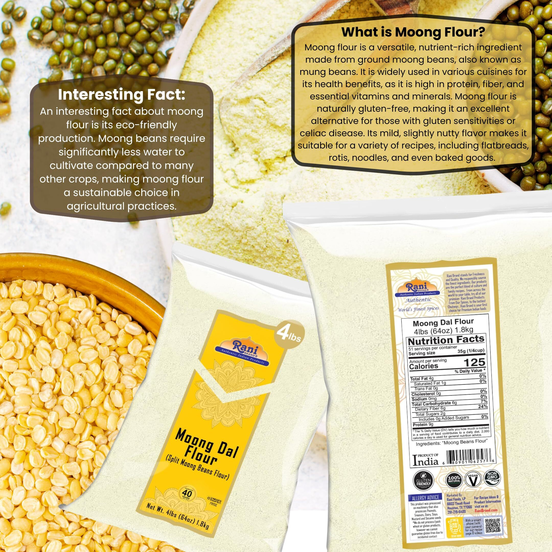 Rani Moong Flour (Mung Bean Flour, Green Gram Flour) 64oz (4lbs) 1.81kg Bulk ~ All Natural, Vegan, Gluten Friendly, NON-GMO, Kosher, Indian Origin
