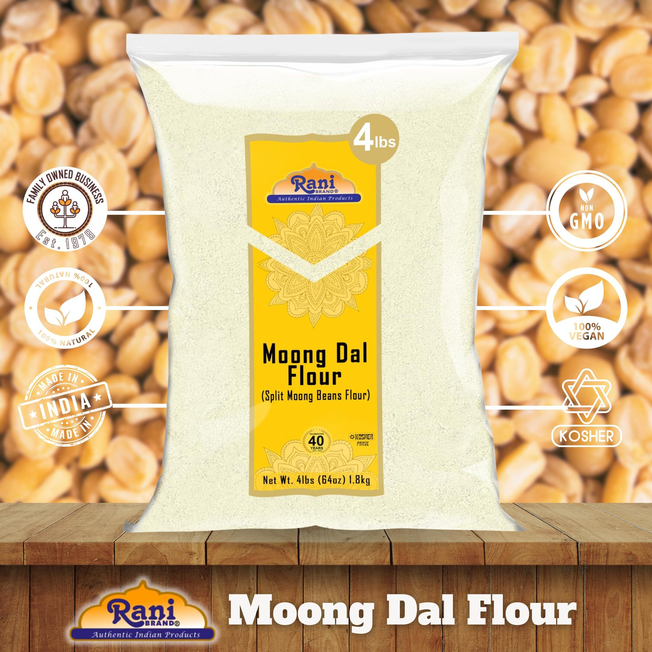 Rani Moong Flour (Mung Bean Flour, Green Gram Flour) 64oz (4lbs) 1.81kg Bulk ~ All Natural, Vegan, Gluten Friendly, NON-GMO, Kosher, Indian Origin