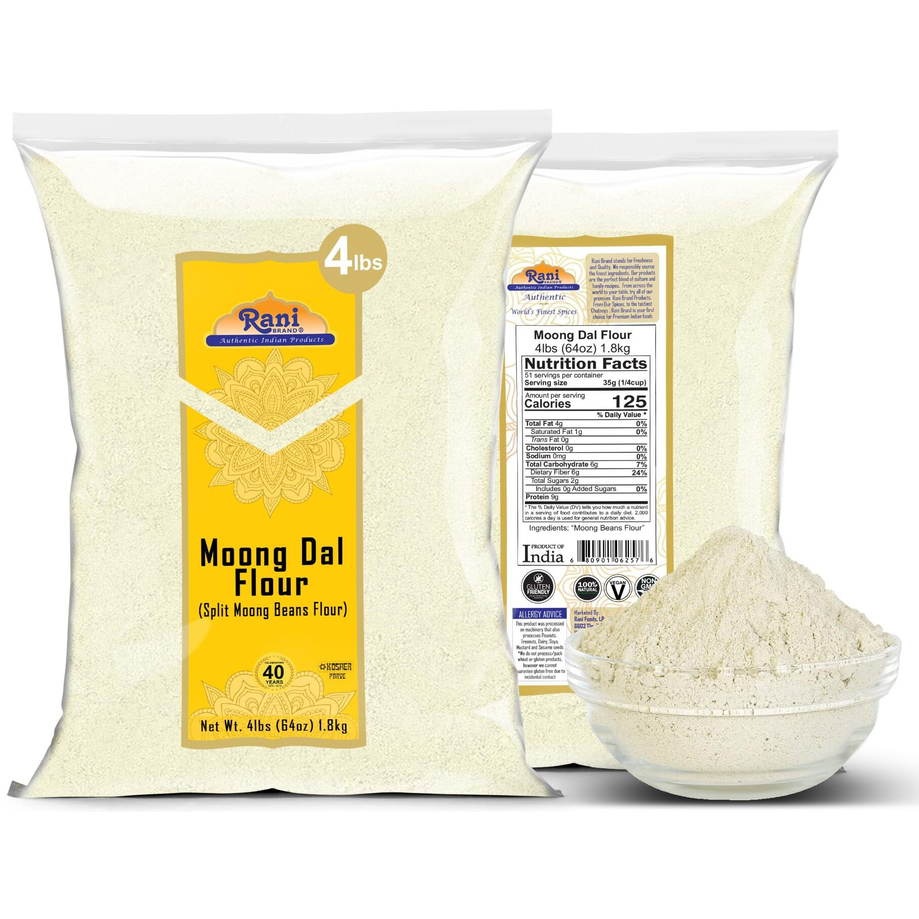 Rani Moong Flour (Mung Bean Flour, Green Gram Flour) 64oz (4lbs) 1.81kg Bulk ~ All Natural, Vegan, Gluten Friendly, NON-GMO, Kosher, Indian Origin