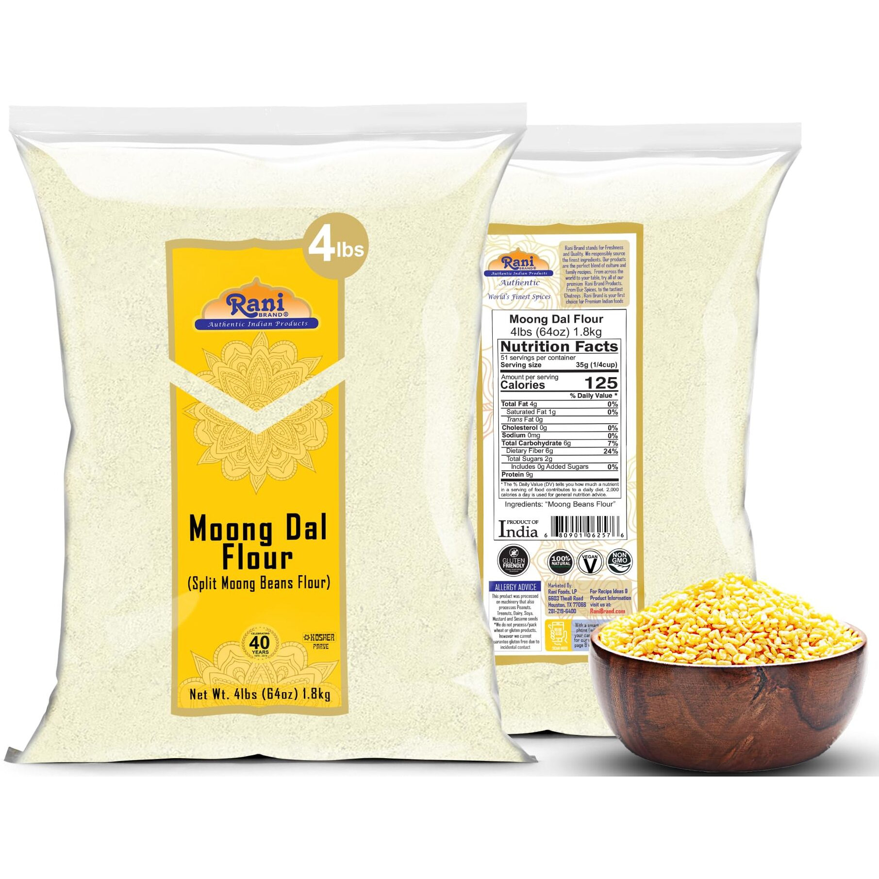 Rani Moong Flour (Mung Bean Flour, Green Gram Flour) 64oz (4lbs) 1.81kg Bulk ~ All Natural, Vegan, Gluten Friendly, NON-GMO, Kosher, Indian Origin