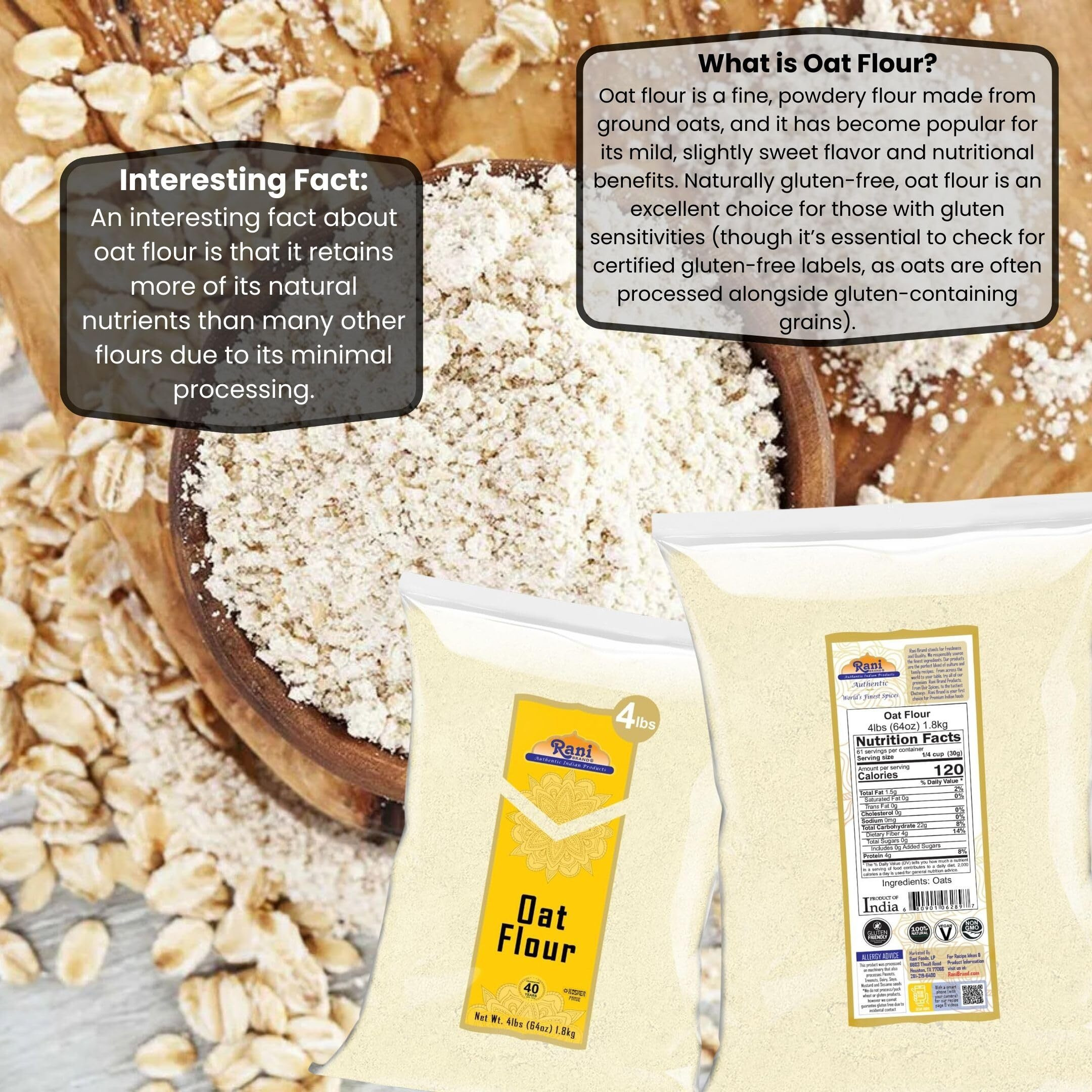 Rani Oat Flour 64oz (4lbs) 1.81kg ~ All Natural, Gluten Friendly, NON-GMO, Kosher, Vegan, Indian Origin