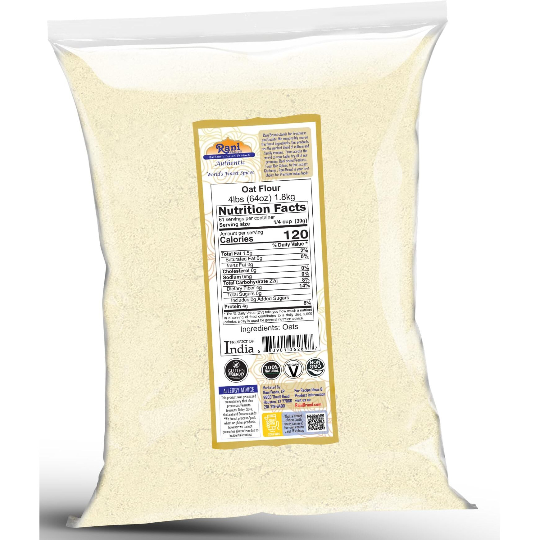 Rani Oat Flour 64oz (4lbs) 1.81kg ~ All Natural, Gluten Friendly, NON-GMO, Kosher, Vegan, Indian Origin