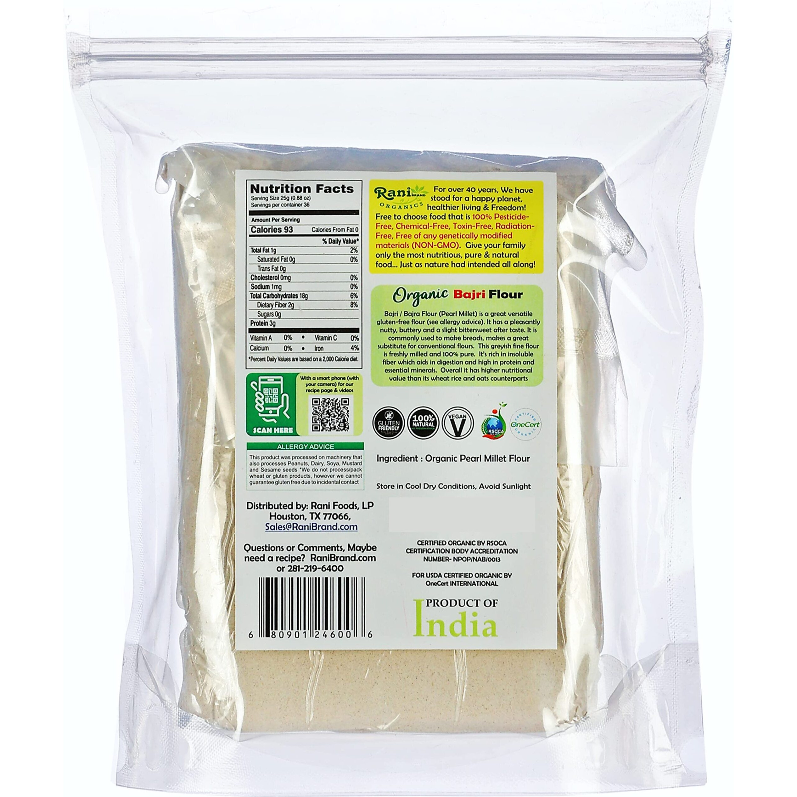Rani Organic Bajri Flour (Pearl Millet) 32oz (2lbs) 908g ~ All Natural, Vegan, Gluten Friendly, NON-GMO, Indian Origin, USDA Certified Organic