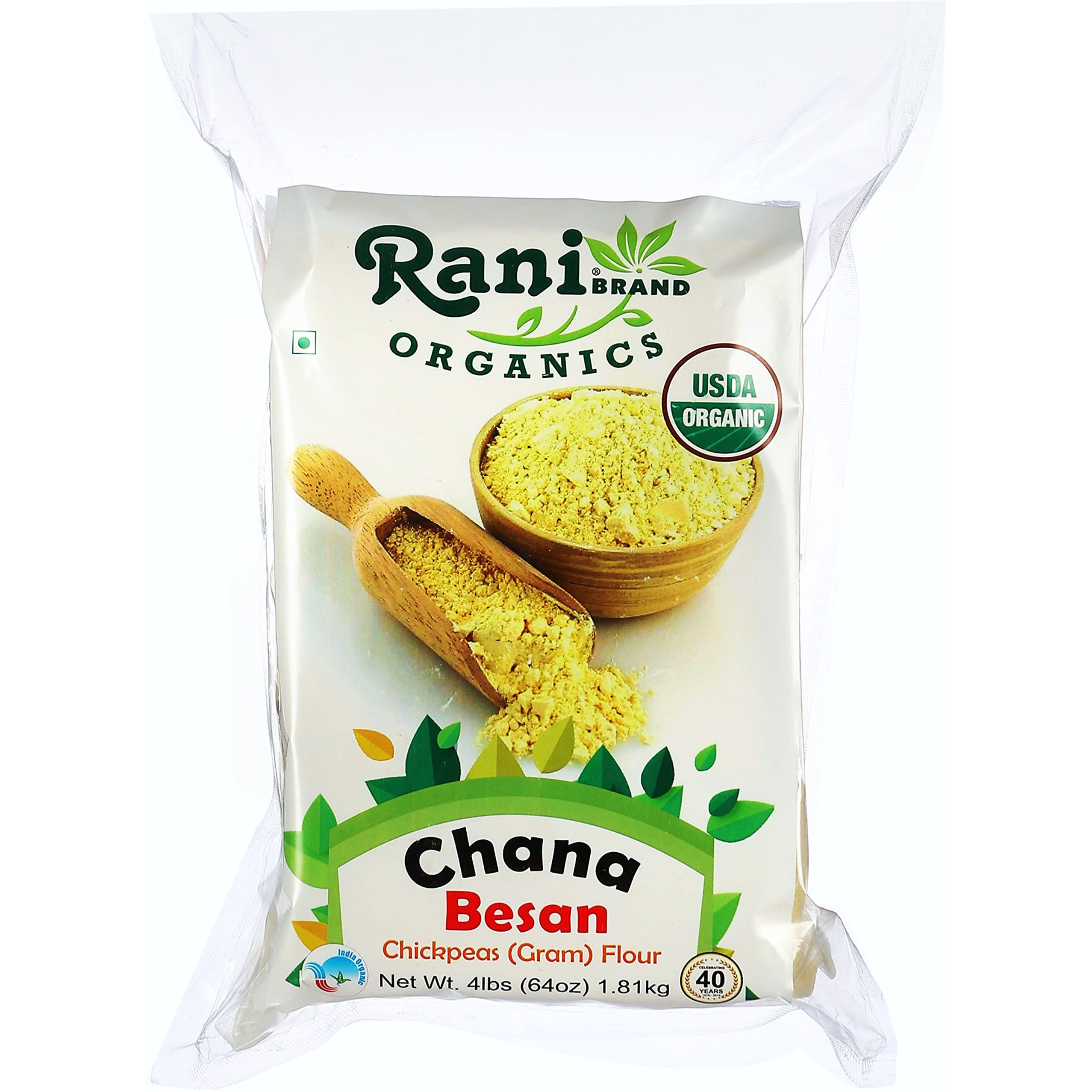 Rani Organic Chana Besan - Chickpeas (Gram) Flour 64oz (4lbs) 1.81kg Bulk ~ All Natural, Vegan, Gluten Friendly, NON-GMO, Indian Origin, USDA Certified Organic