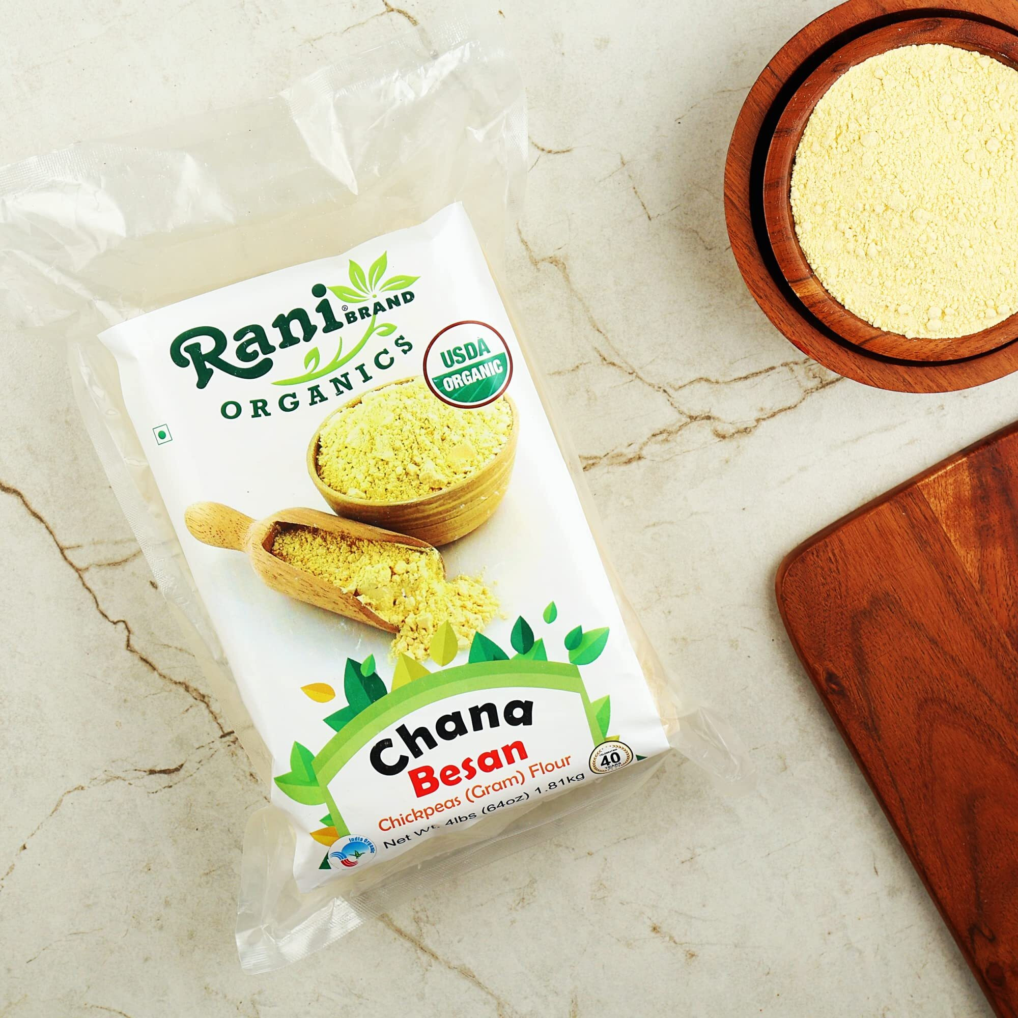 Rani Organic Chana Besan - Chickpeas (Gram) Flour 64oz (4lbs) 1.81kg Bulk ~ All Natural, Vegan, Gluten Friendly, NON-GMO, Indian Origin, USDA Certified Organic