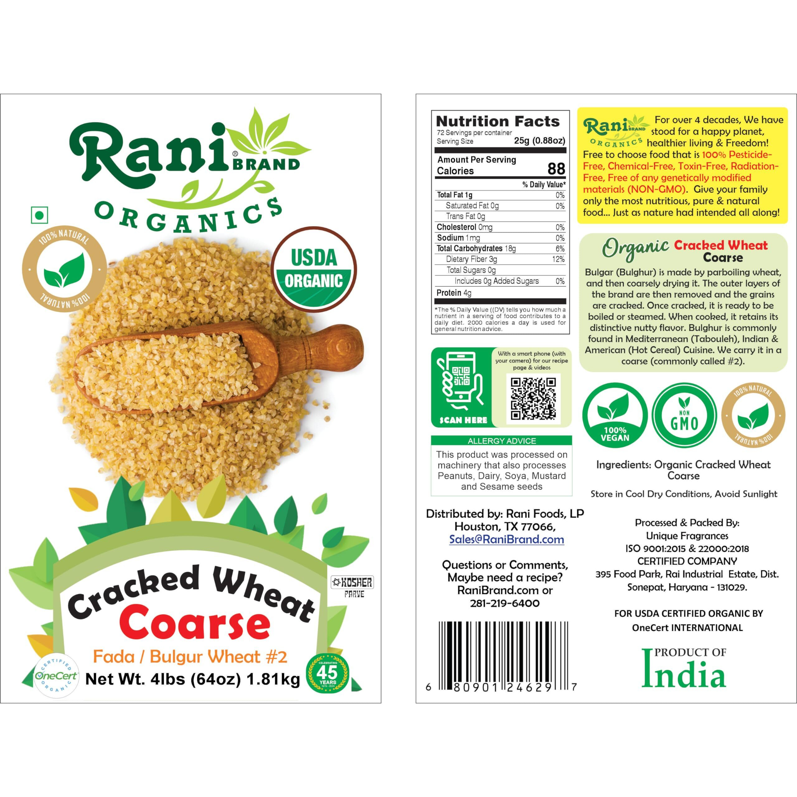 Rani Organic Cracked Wheat Coarse (Fada/Bulgur Wheat3) 32oz (2lbs) 908g ~ All Natural, Vegan, Gluten Friendly, NON-GMO, Indian Origin, USDA Certified Organic