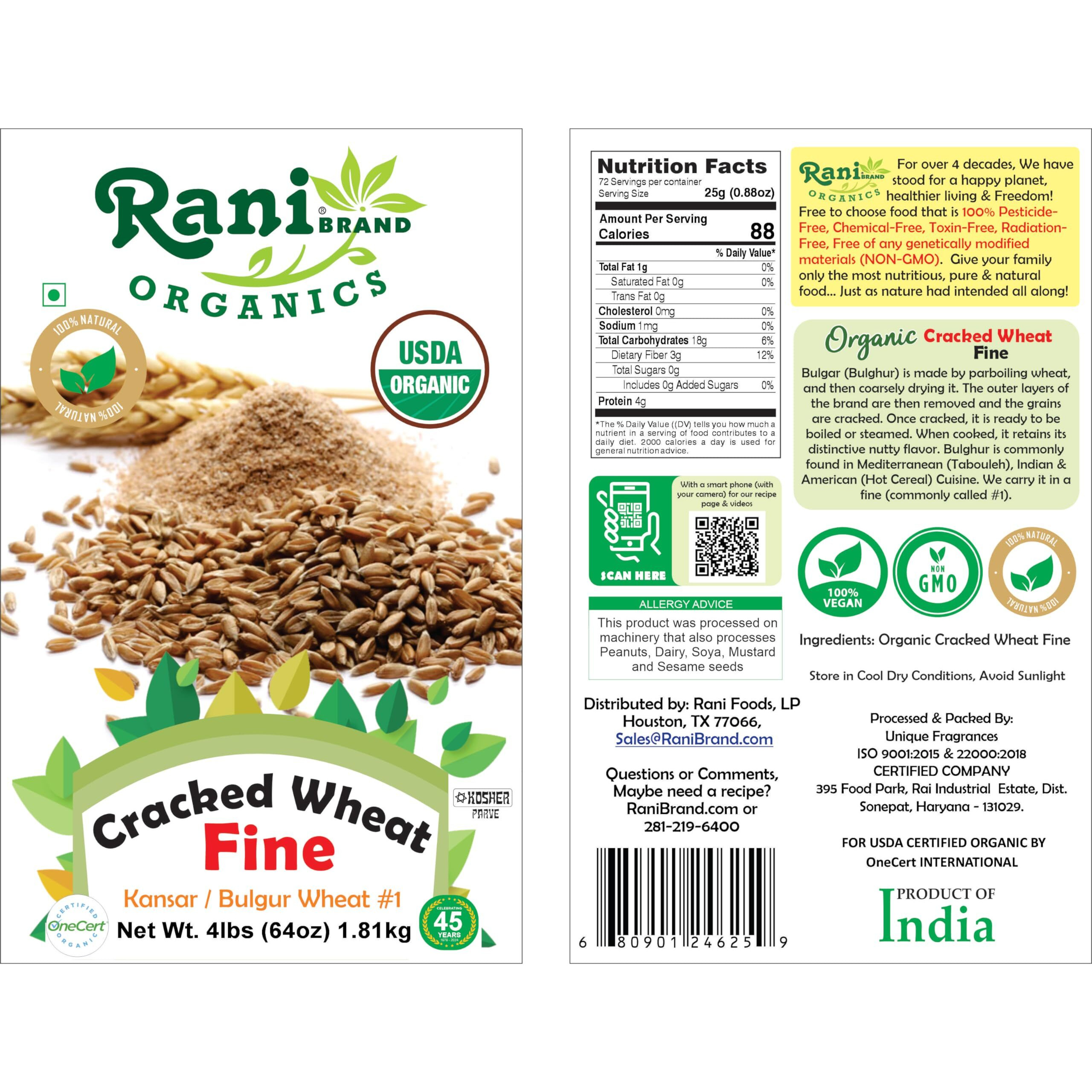 Rani Organic Cracked Wheat Fine (Kansar/Bulgur Wheat1) 64oz (4lbs) 1.81kg Bulk ~ All Natural, Vegan, Gluten Friendly, NON-GMO, Indian Origin, USDA Certified Organic