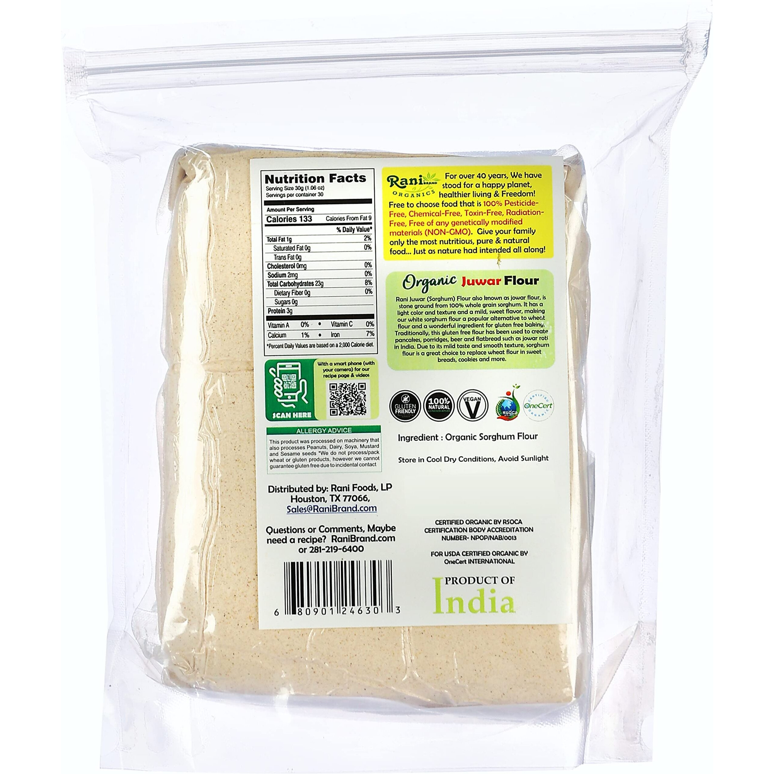 Rani Organic Juwar (Sorghum) Flour 32oz (2lbs) 908g ~ All Natural, Vegan, Gluten Friendly, NON-GMO, Indian Origin, USDA Certified Organic