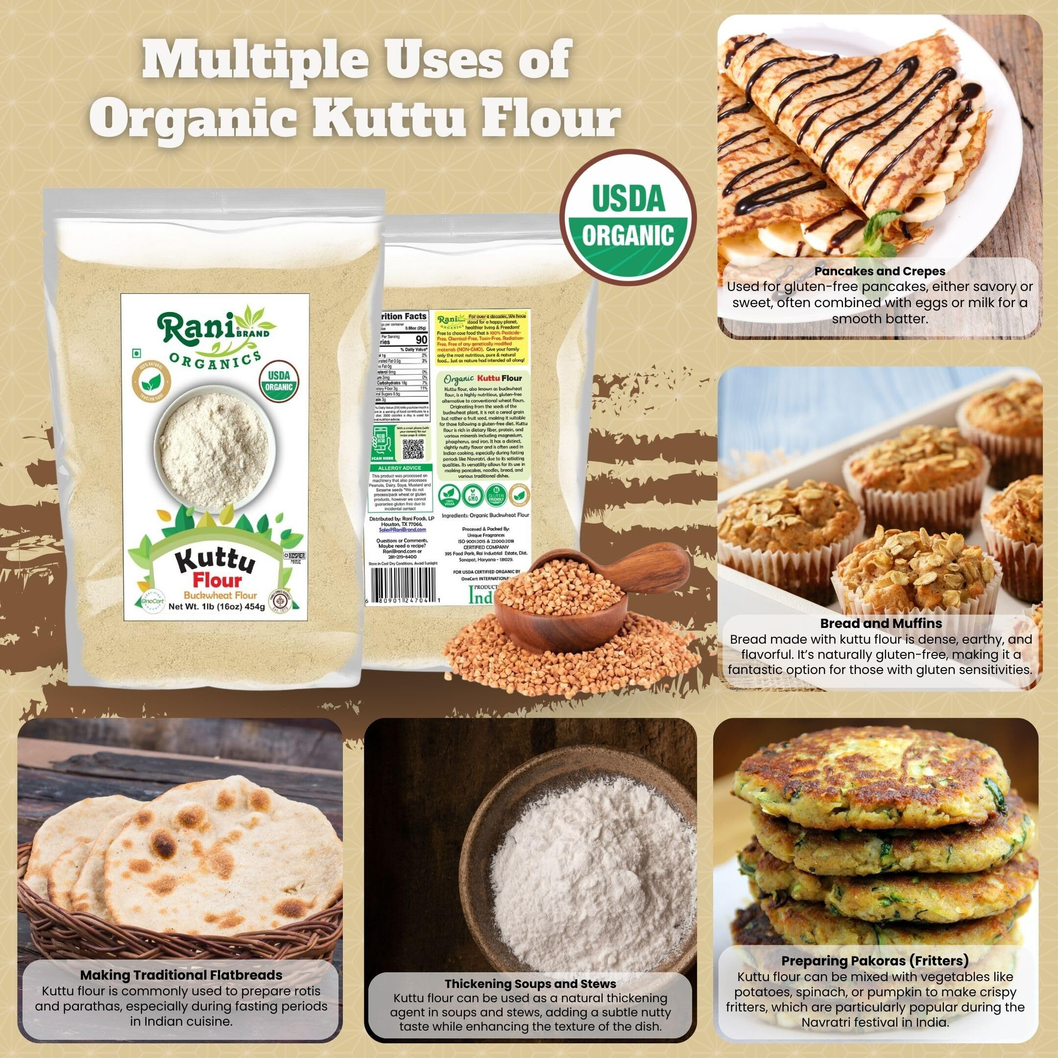 Rani Organic Kuttu (Buckwheat) Flour 16oz (1lb) 454g ~ All Natural, Gluten Friendly, NON-GMO, Kosher, Vegan, Indian Origin, USDA Organic Certified