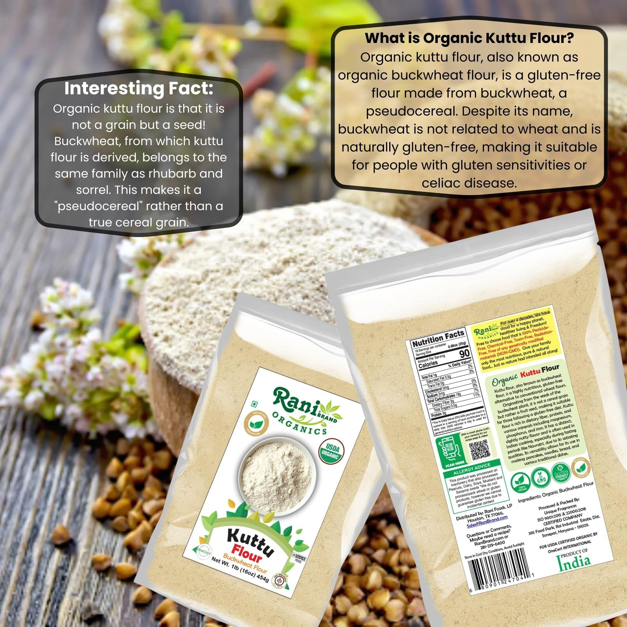 Rani Organic Kuttu (Buckwheat) Flour 16oz (1lb) 454g ~ All Natural, Gluten Friendly, NON-GMO, Kosher, Vegan, Indian Origin, USDA Organic Certified