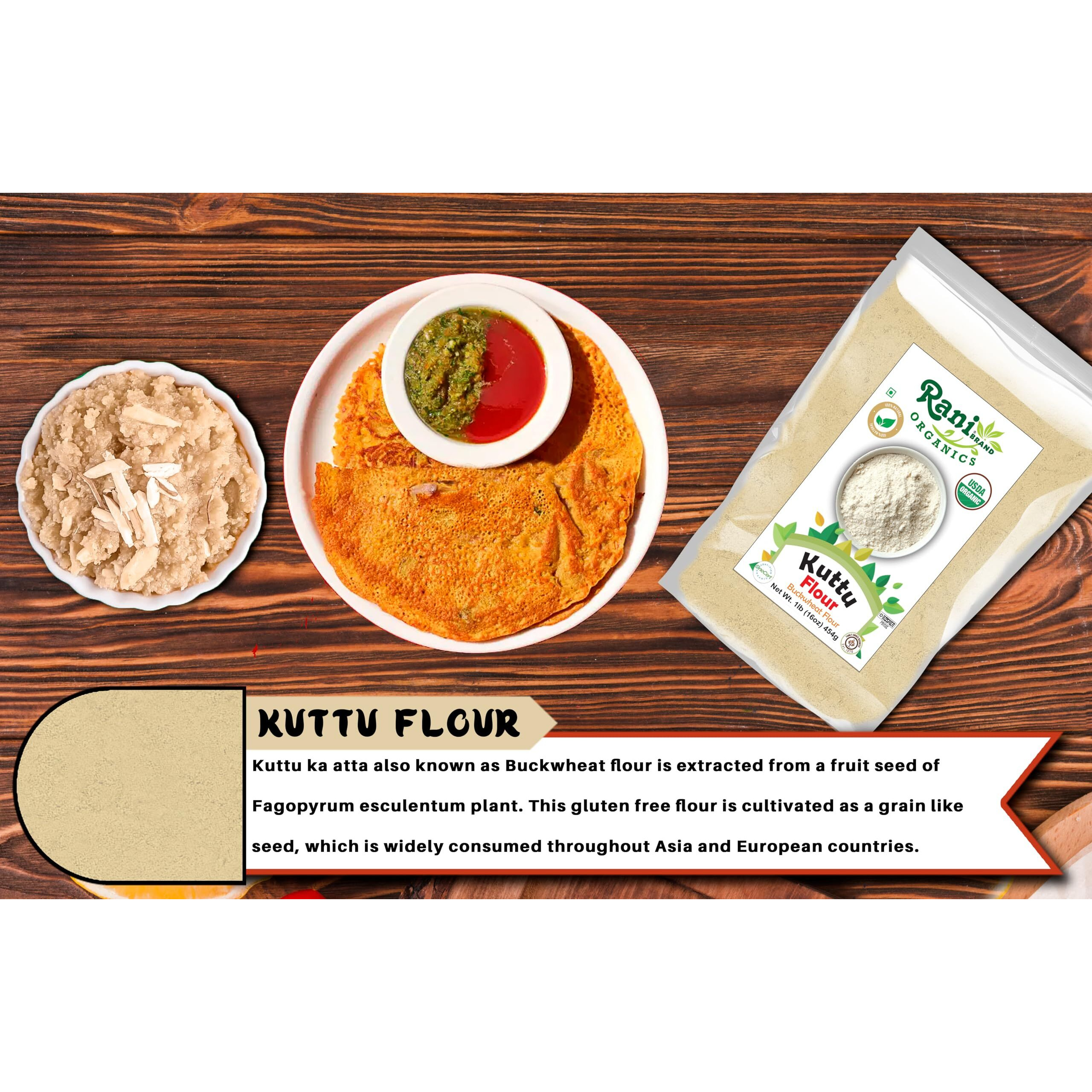 Rani Organic Kuttu (Buckwheat) Flour 16oz (1lb) 454g ~ All Natural, Gluten Friendly, NON-GMO, Kosher, Vegan, Indian Origin, USDA Organic Certified