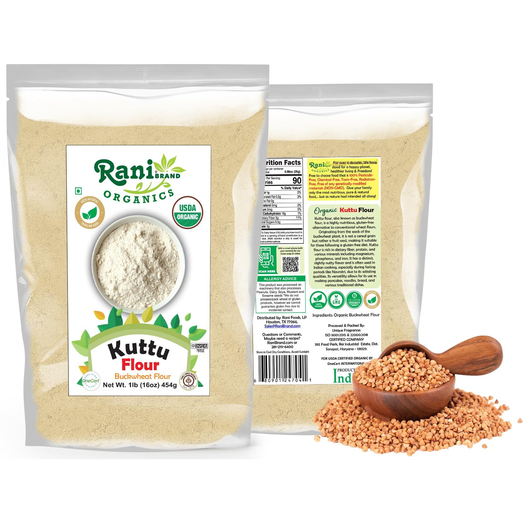 Rani Organic Kuttu (Buckwheat) Flour 16oz (1lb) 454g ~ All Natural, Gluten Friendly, NON-GMO, Kosher, Vegan, Indian Origin, USDA Organic Certified
