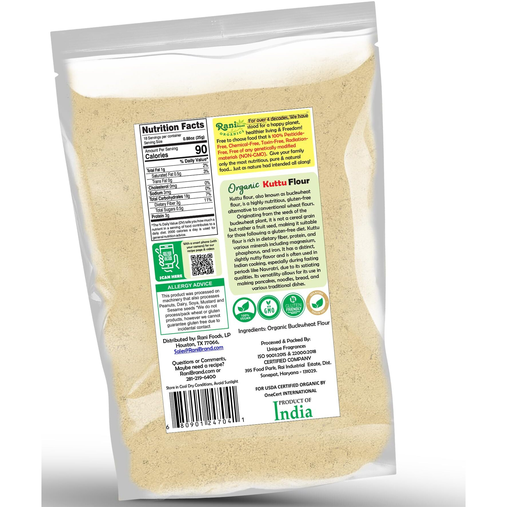 Rani Organic Kuttu (Buckwheat) Flour 16oz (1lb) 454g ~ All Natural, Gluten Friendly, NON-GMO, Kosher, Vegan, Indian Origin, USDA Organic Certified